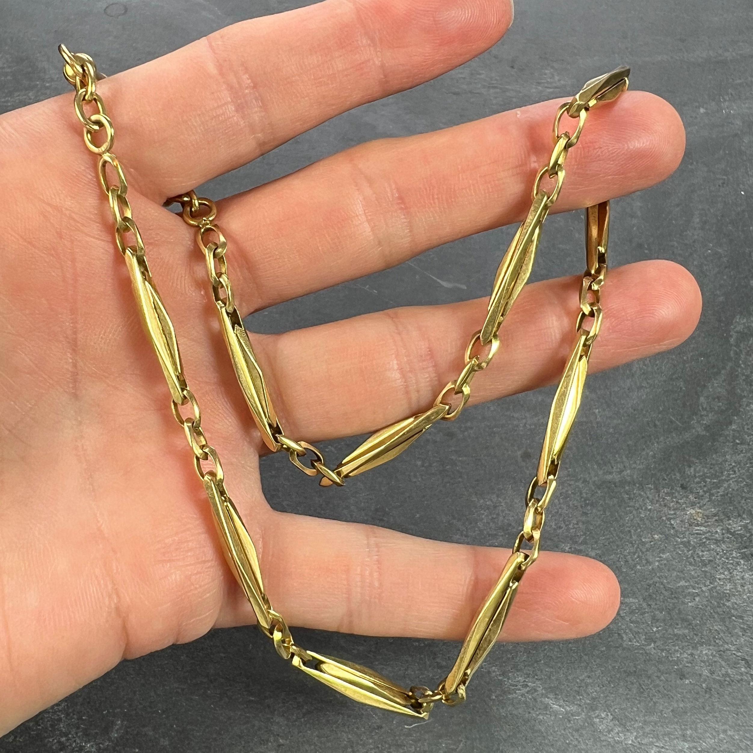 French 18K Yellow Gold Fancy Faceted Curb Link Watch Chain Necklace For Sale 5