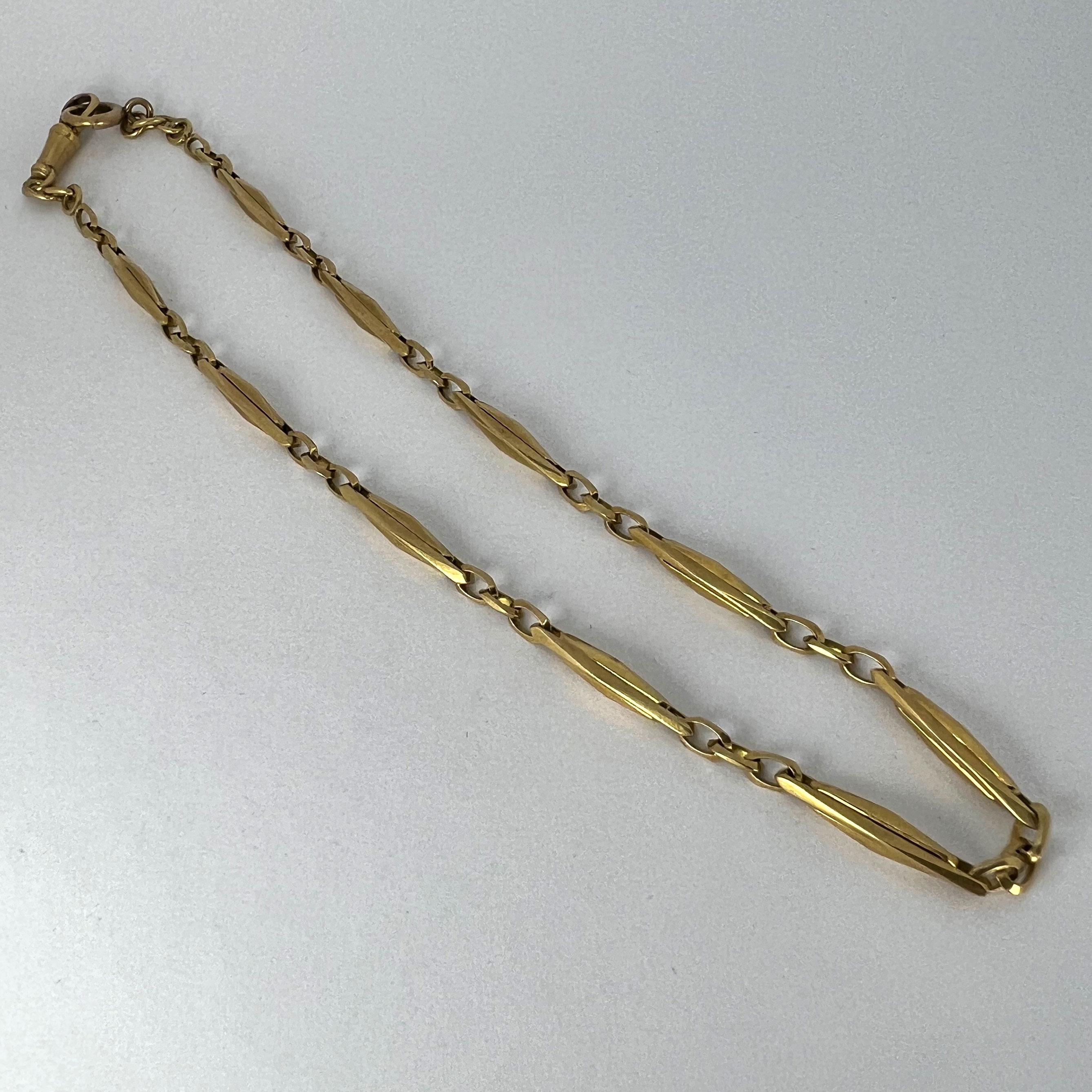 French 18K Yellow Gold Fancy Faceted Curb Link Watch Chain Necklace For Sale 11
