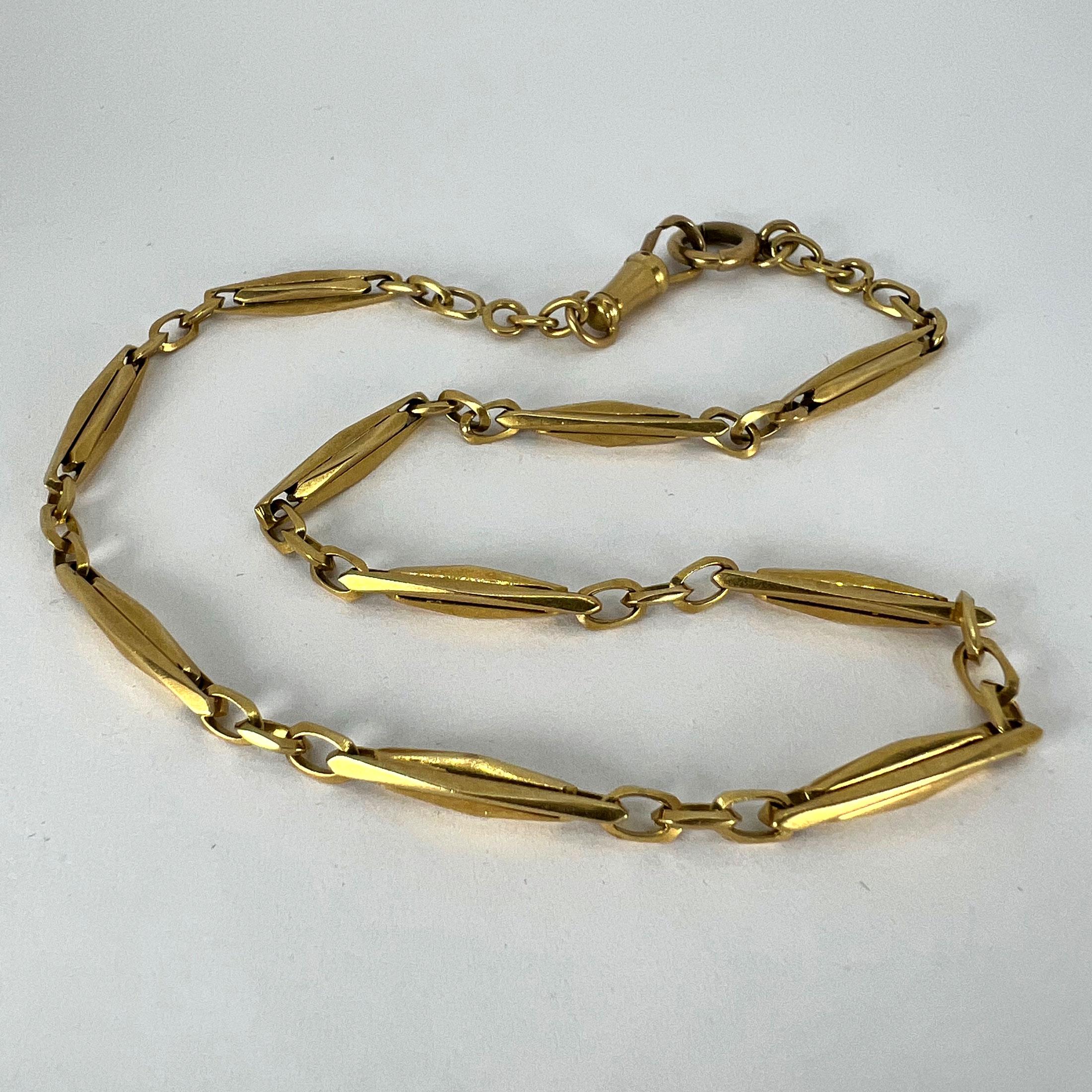 French 18K Yellow Gold Fancy Faceted Curb Link Watch Chain Necklace For Sale 13