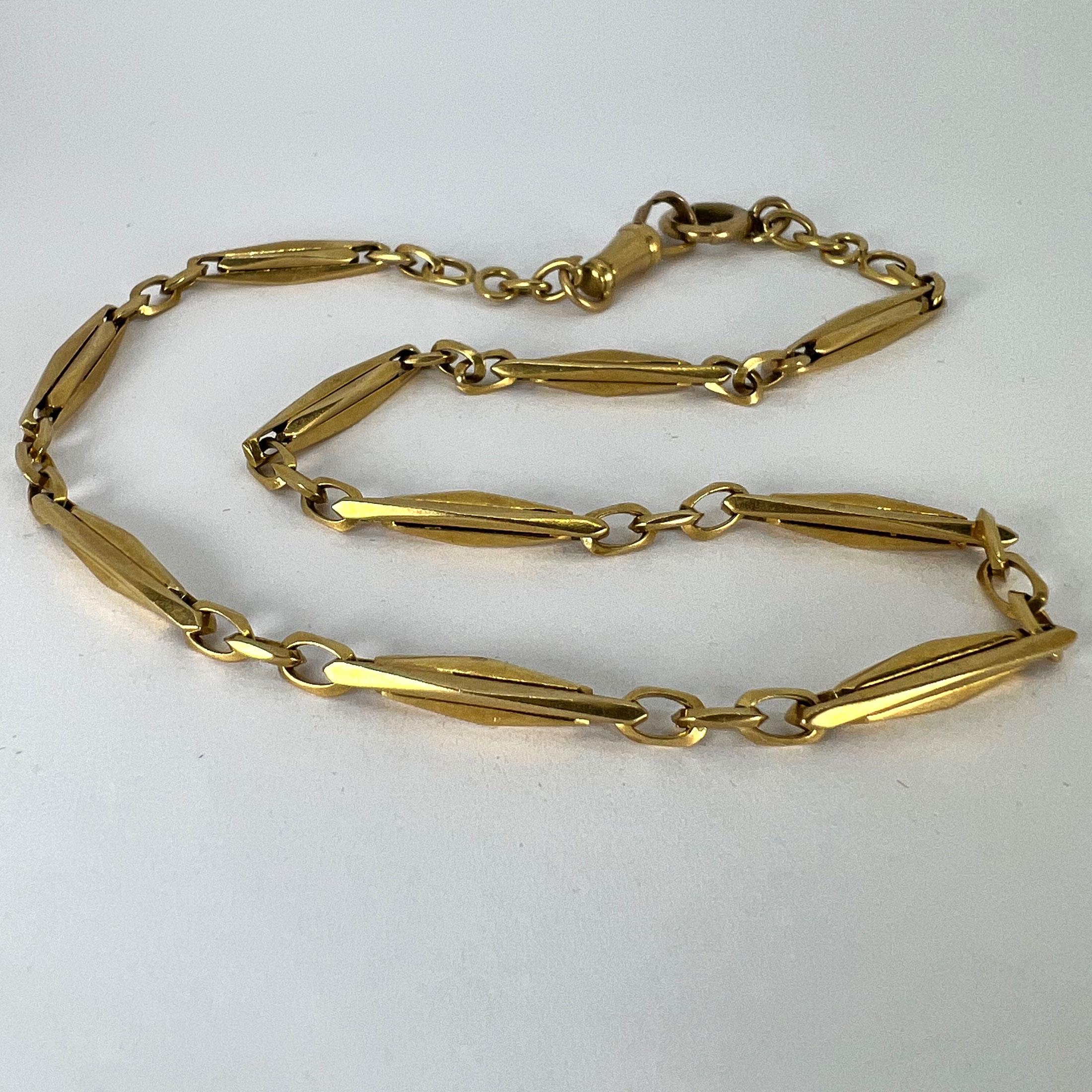 French 18K Yellow Gold Fancy Faceted Curb Link Watch Chain Necklace For Sale 14