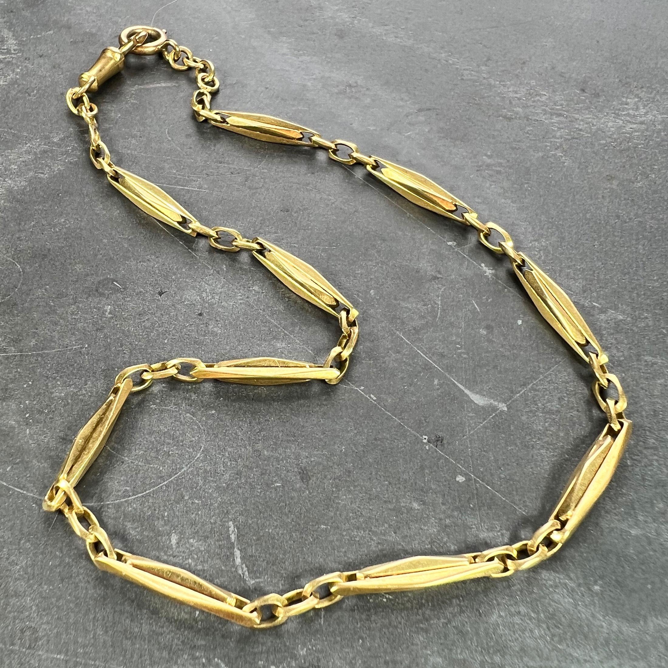 French 18K Yellow Gold Fancy Faceted Curb Link Watch Chain Necklace For Sale 2