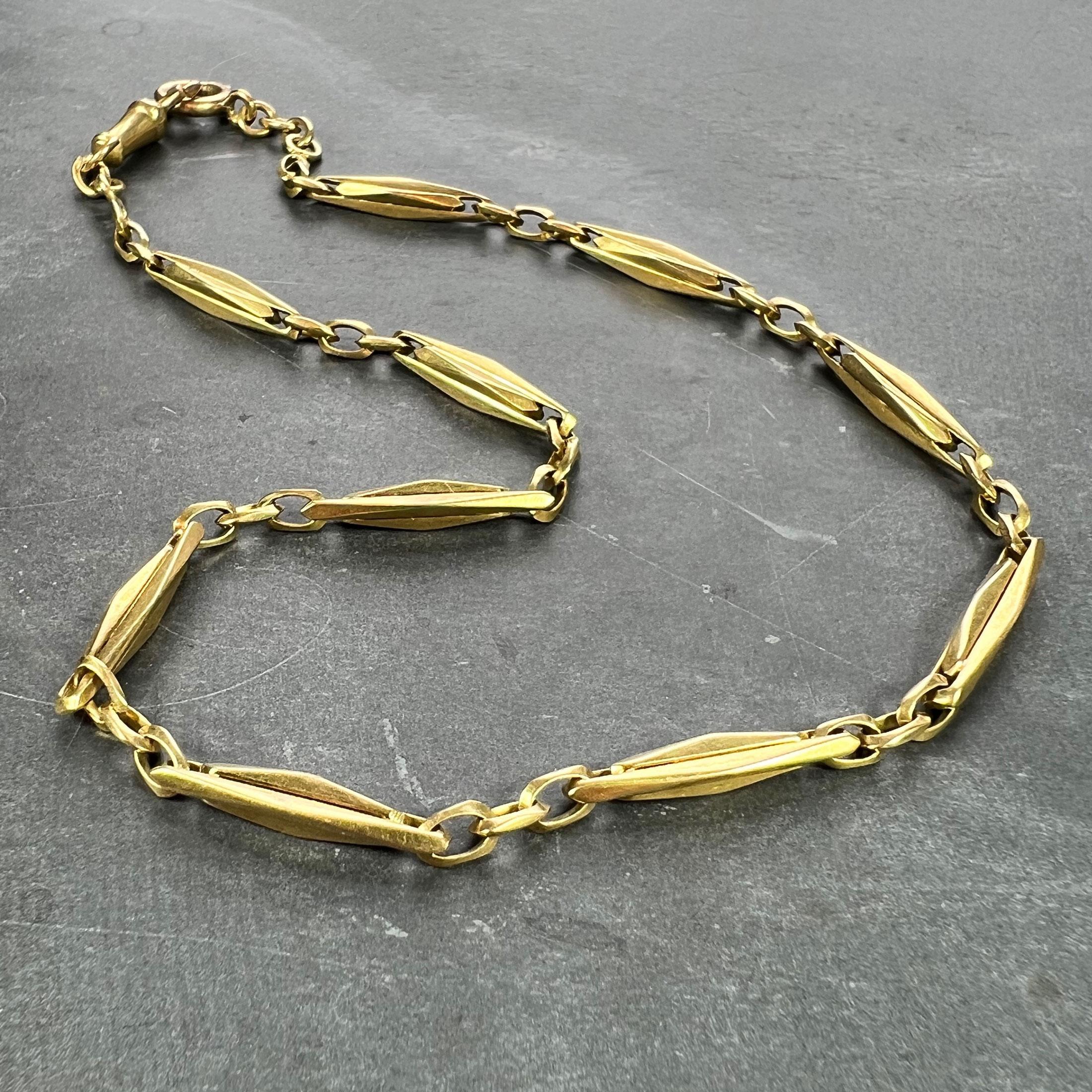 French 18K Yellow Gold Fancy Faceted Curb Link Watch Chain Necklace For Sale 3