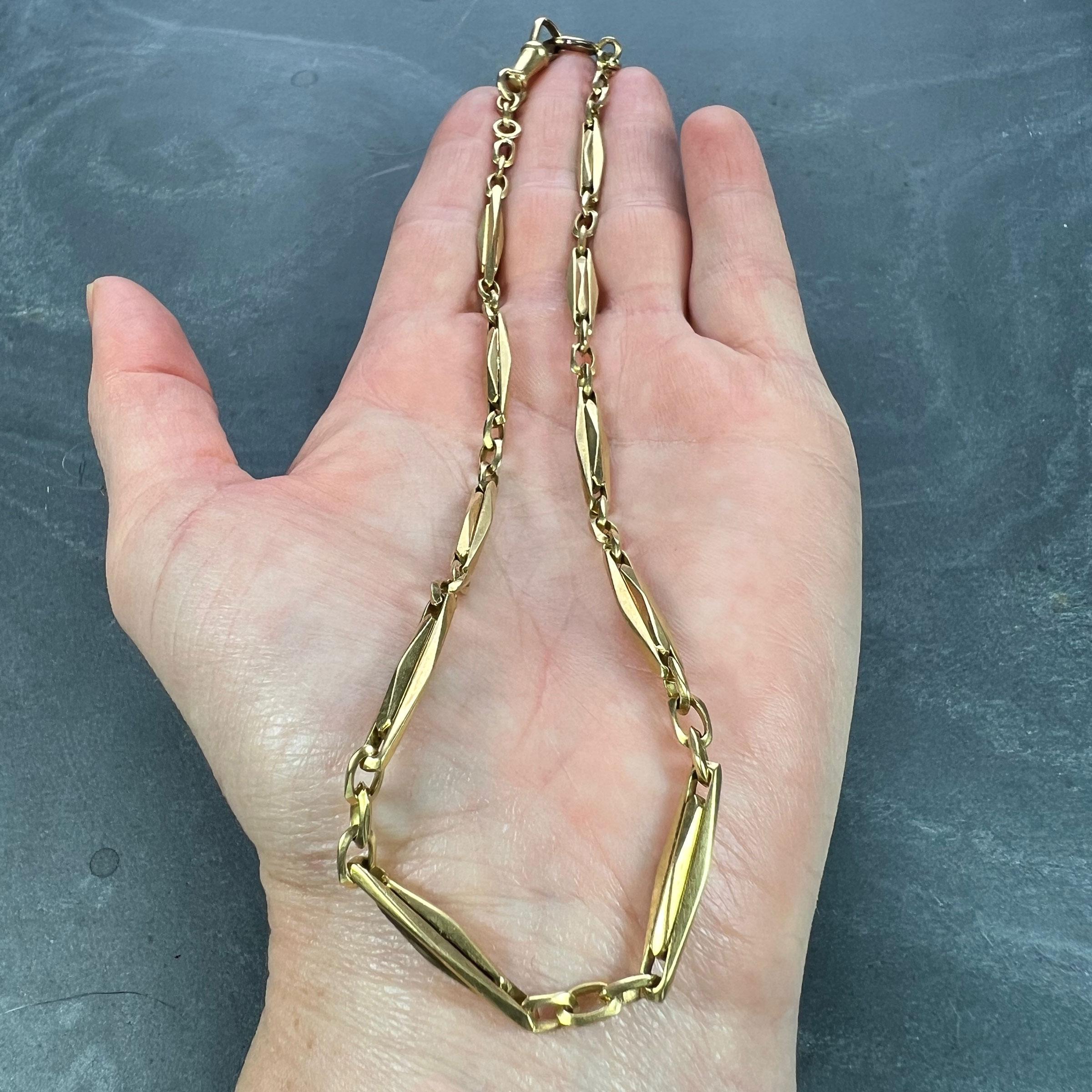 French 18K Yellow Gold Fancy Faceted Curb Link Watch Chain Necklace For Sale 4