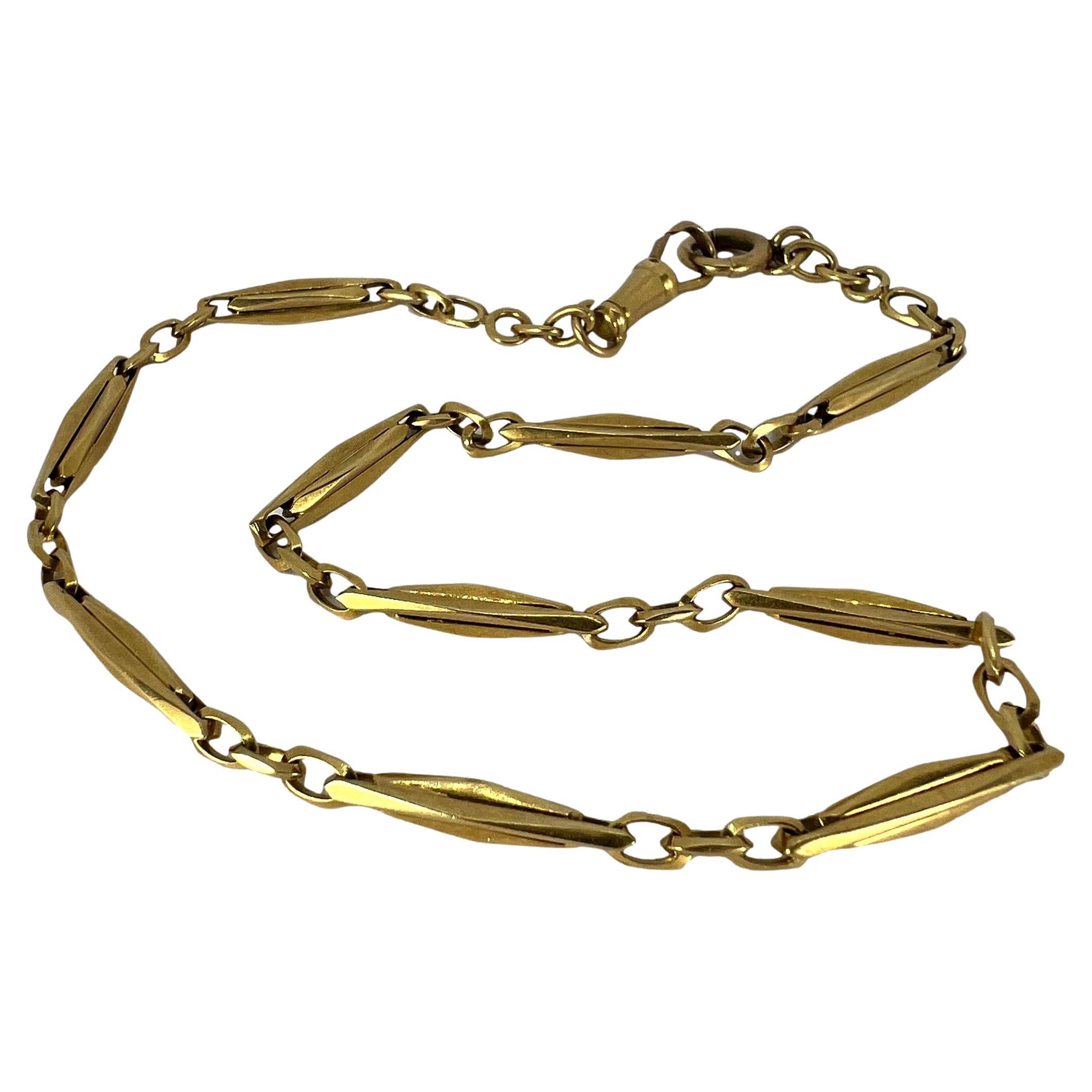 French 18K Yellow Gold Fancy Faceted Curb Link Watch Chain Necklace For Sale