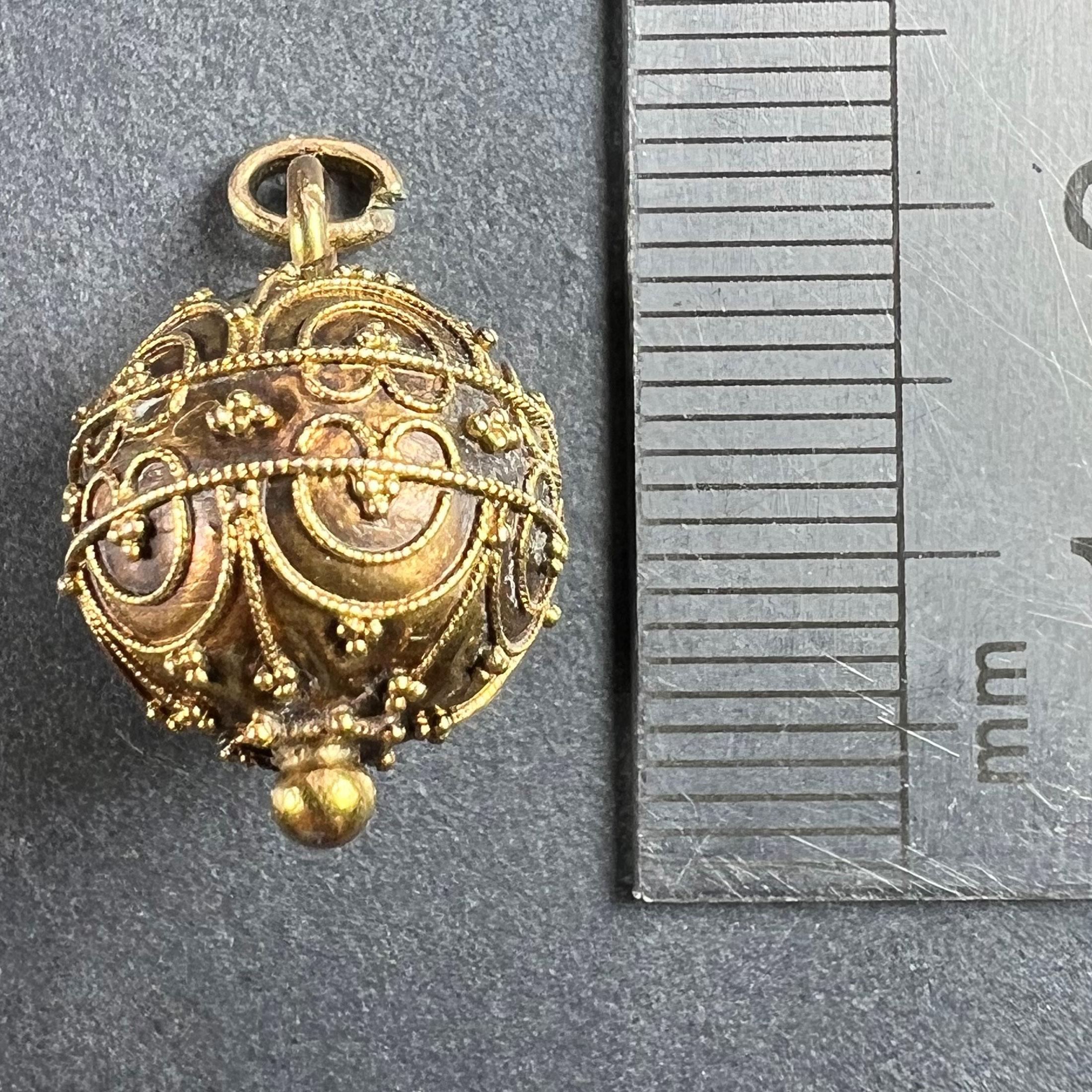 French 18K Yellow Gold Filigree Sphere Charm Pendant For Sale 6