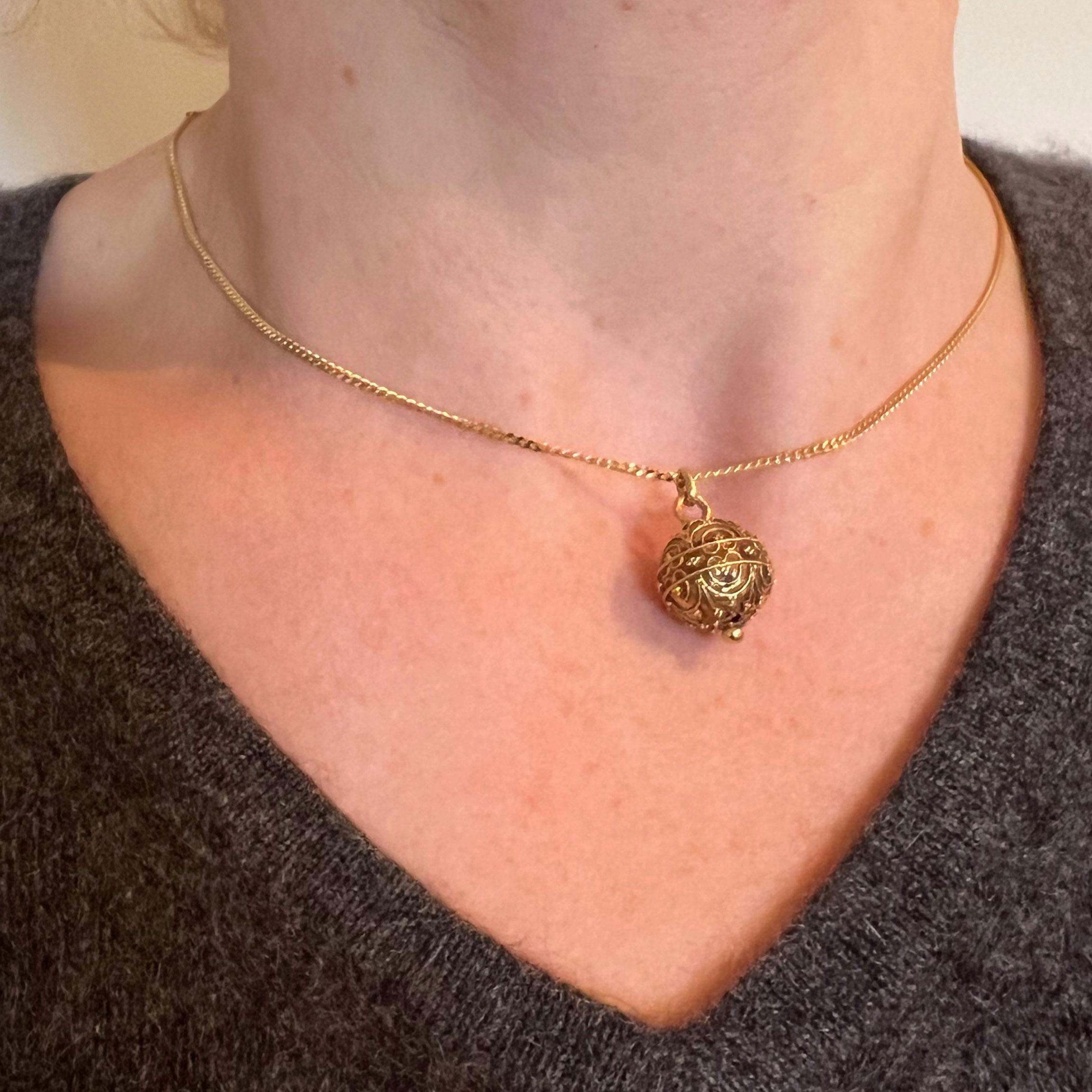 Women's or Men's French 18K Yellow Gold Filigree Sphere Charm Pendant For Sale