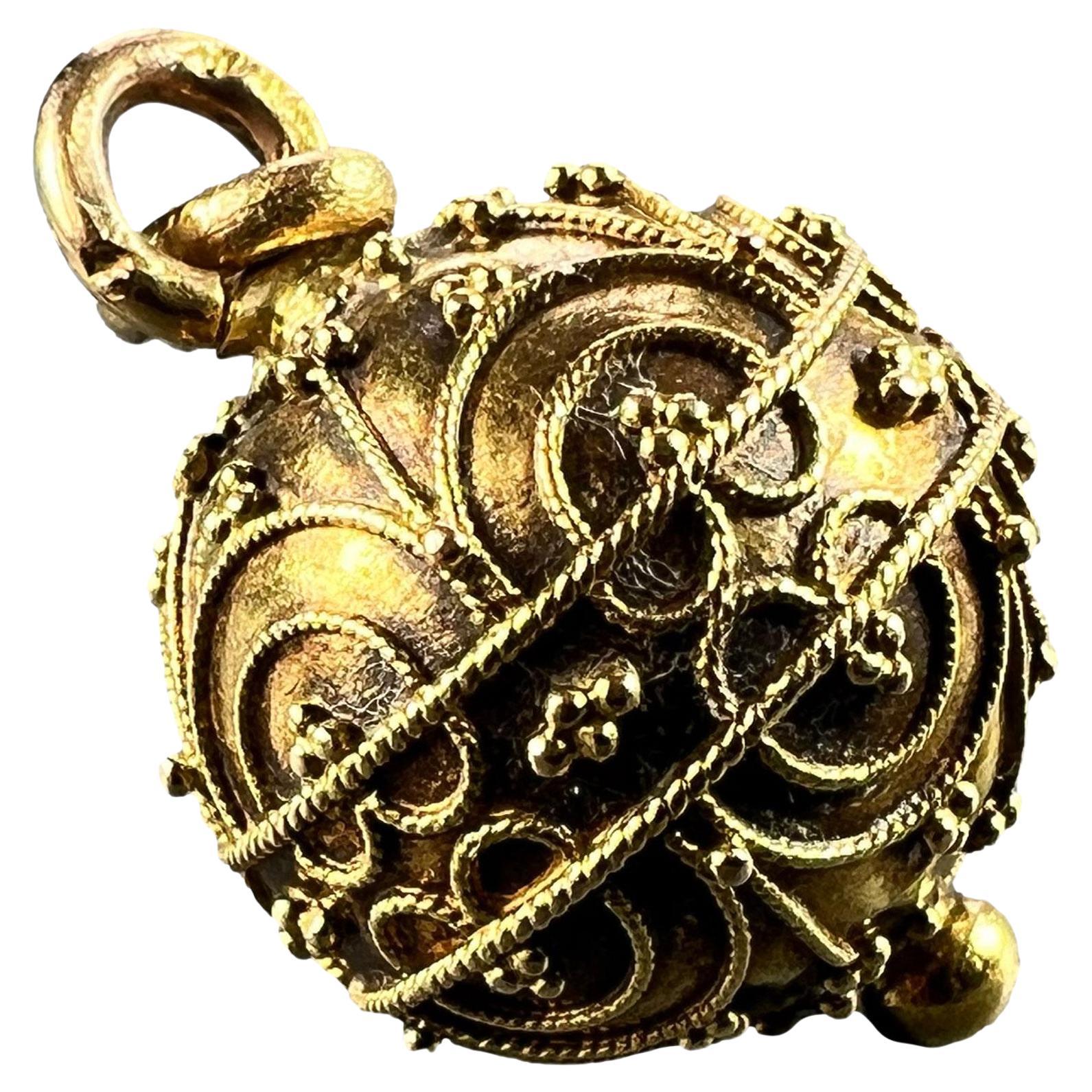 French 18K Yellow Gold Filigree Sphere Charm Pendant