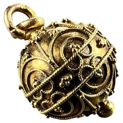 French 18K Yellow Gold Filigree Sphere Charm Pendant