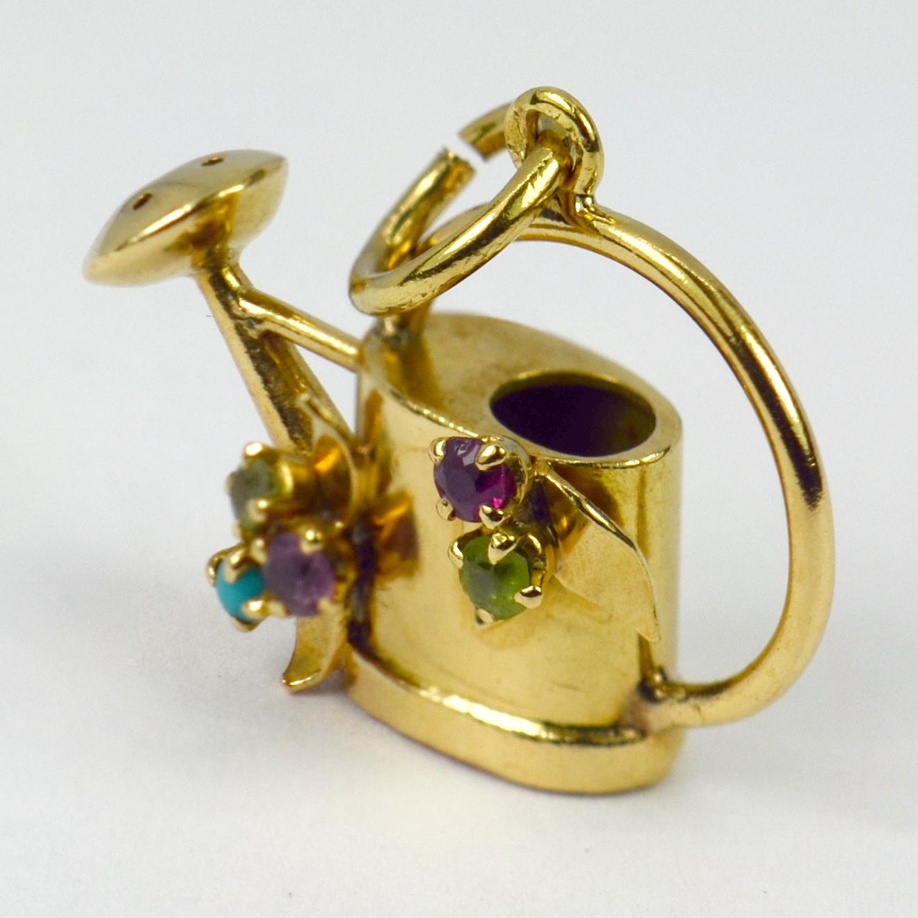 French 18 Karat Yellow Gold Gem Set Watering Can Charm Pendant In Good Condition In London, GB