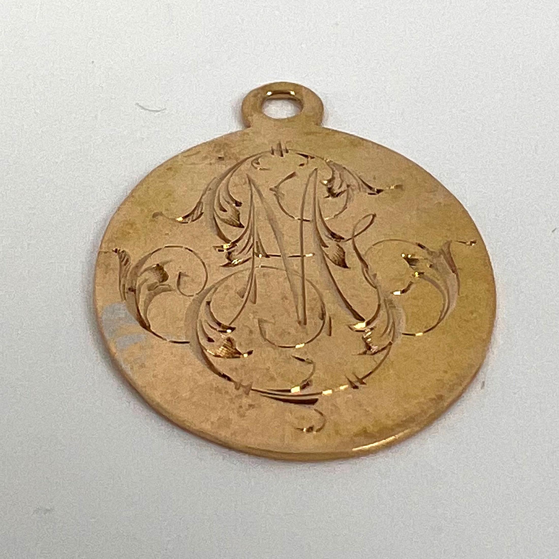 French 18k Yellow Gold GM or MG Monogram Medal Pendant For Sale 10