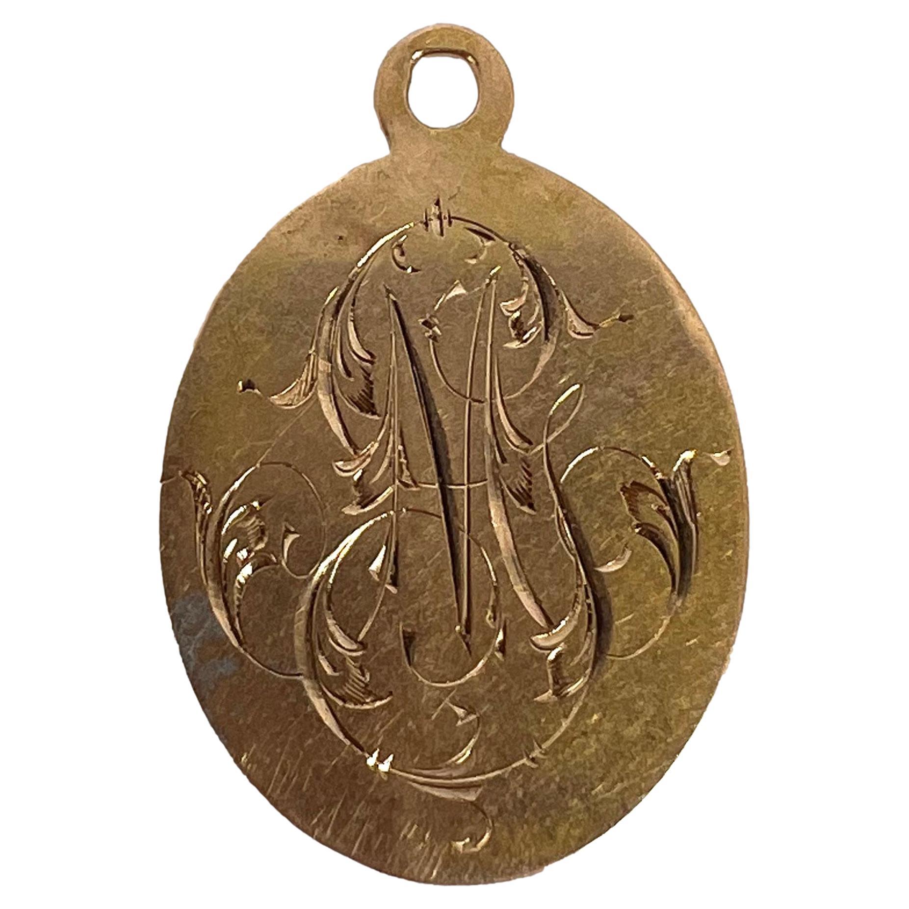 French 18k Yellow Gold GM or MG Monogram Medal Pendant For Sale