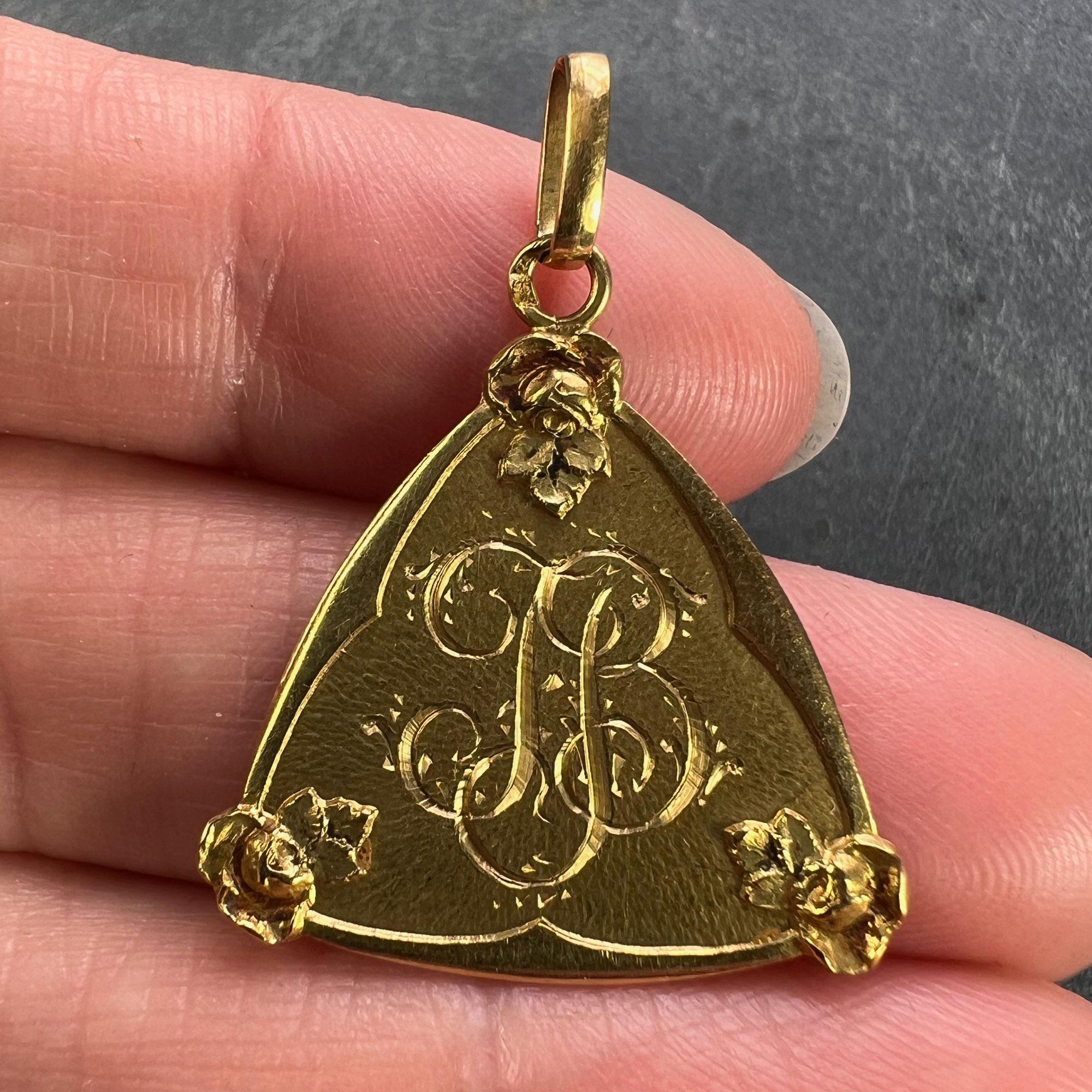 Pendentif médaillon français en or jaune 18 carats avec initiales JB et monogramme en vente 1
