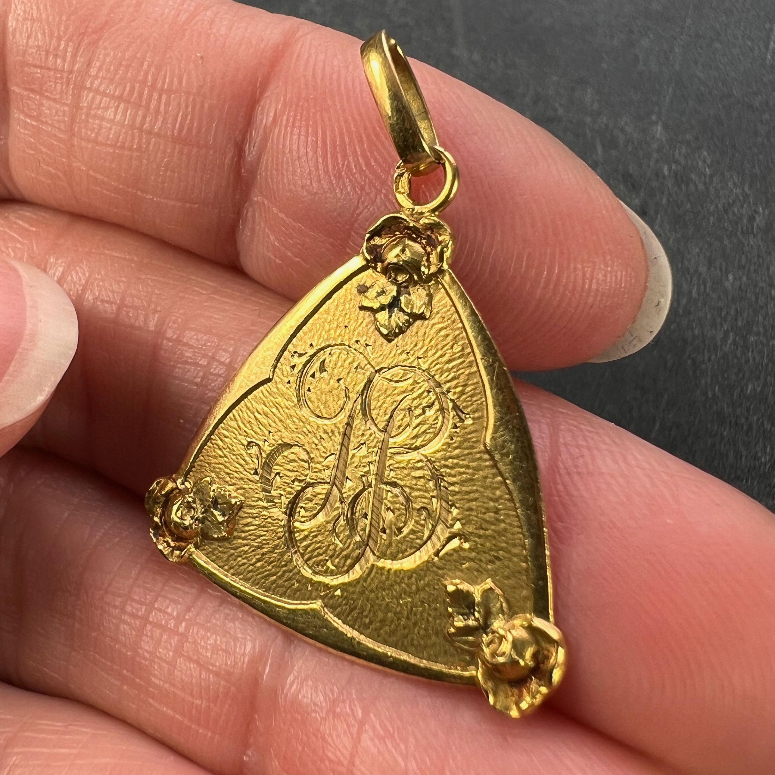 French 18K Yellow Gold JB Initials Monogram Medal Pendant In Good Condition For Sale In London, GB