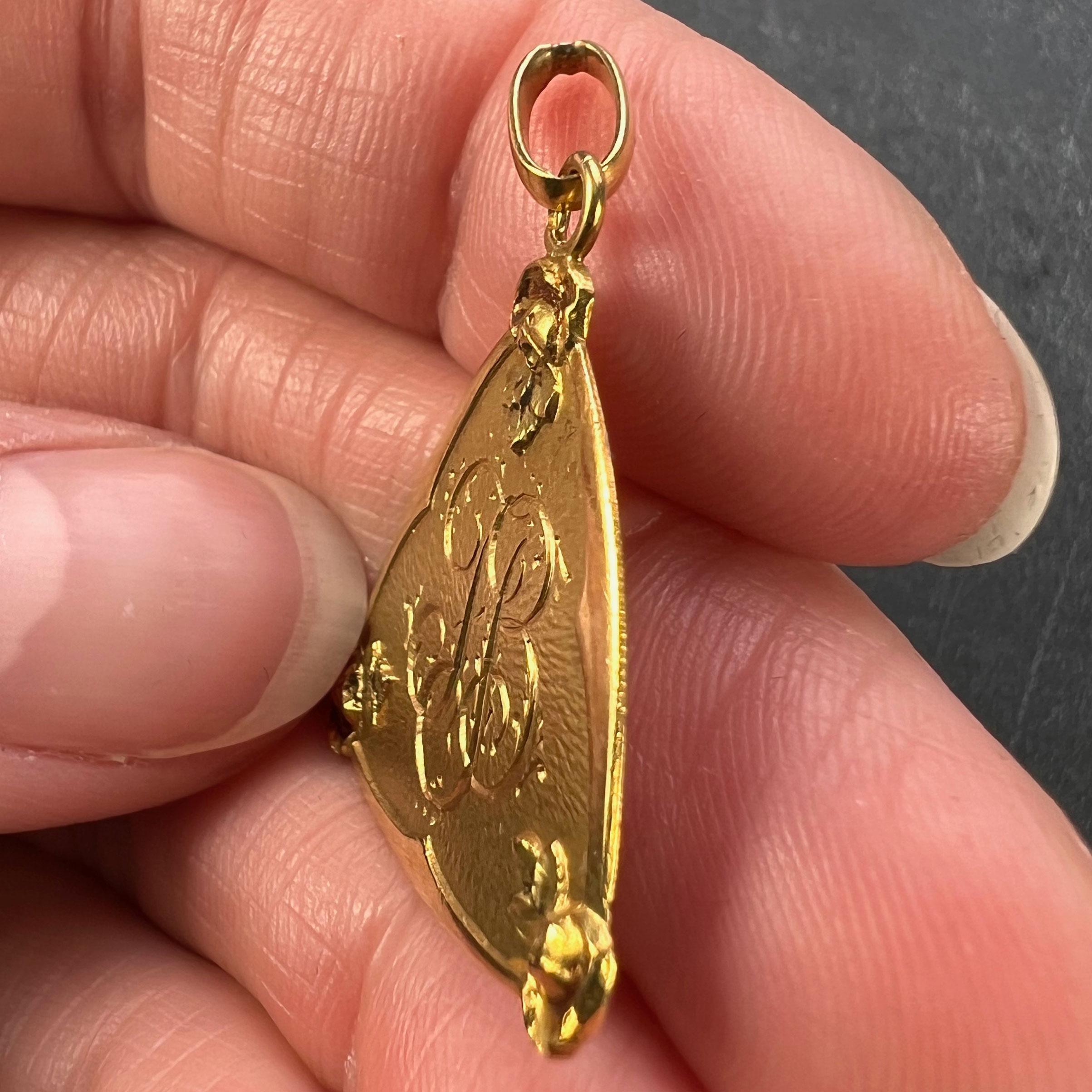 Women's or Men's French 18K Yellow Gold JB Initials Monogram Medal Pendant For Sale