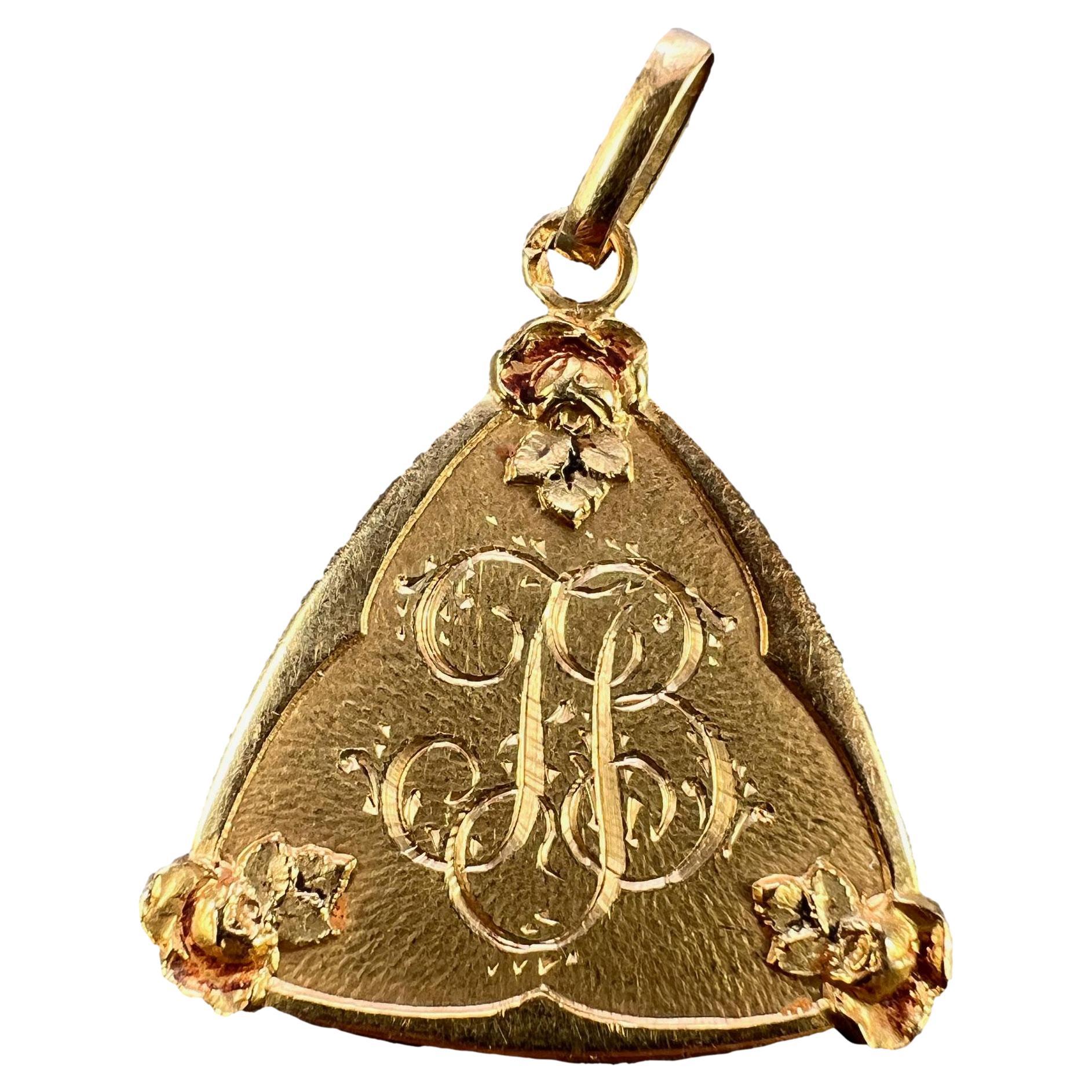 Pendentif médaillon français en or jaune 18 carats avec initiales JB et monogramme