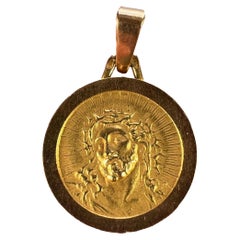 Pendentif breloque français en or jaune 18 carats avec médaille « Jesus Christ Crown of Thorns »