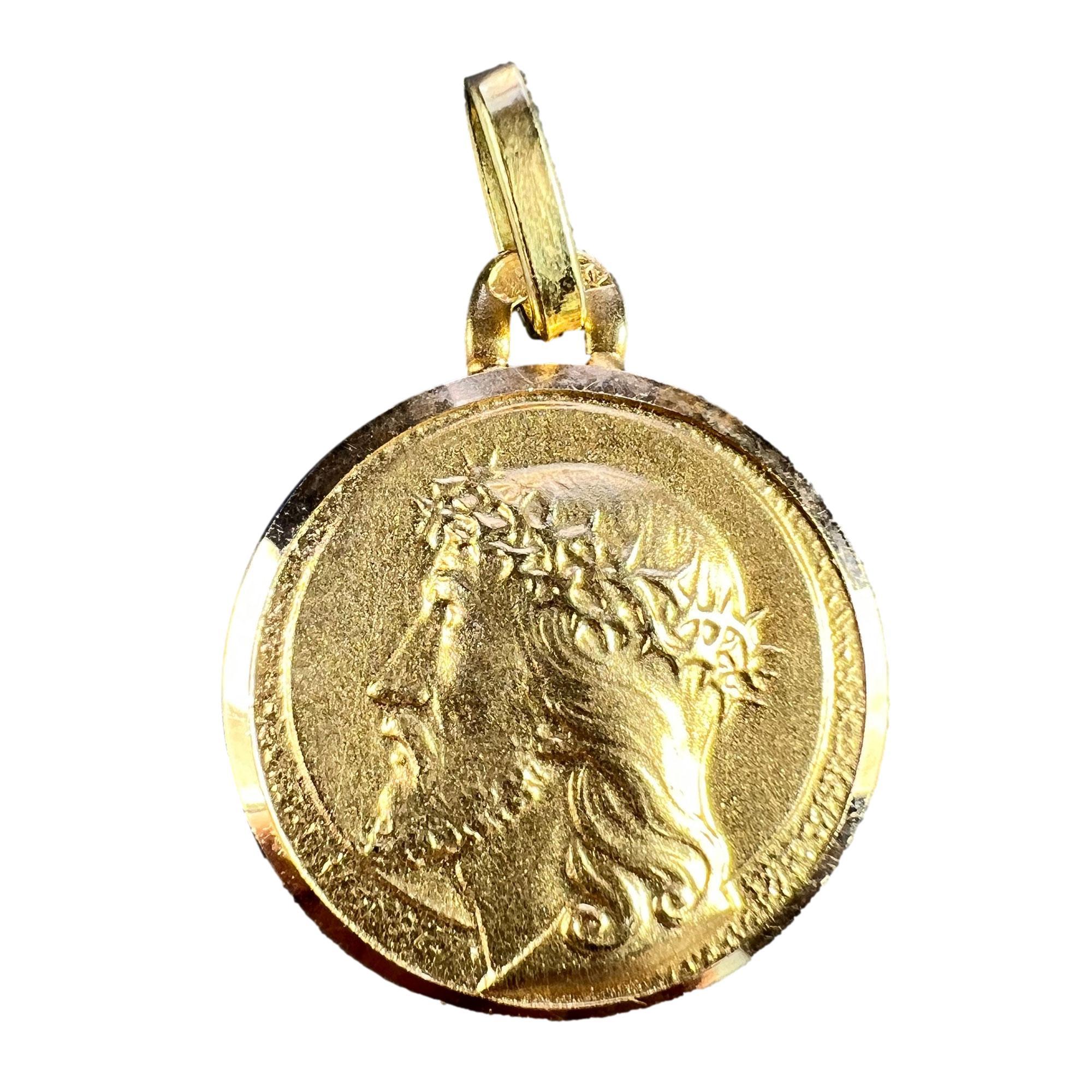 Pendentif breloque français en or jaune 18 carats avec médaille « Jesus Christ Crown of Thorns »