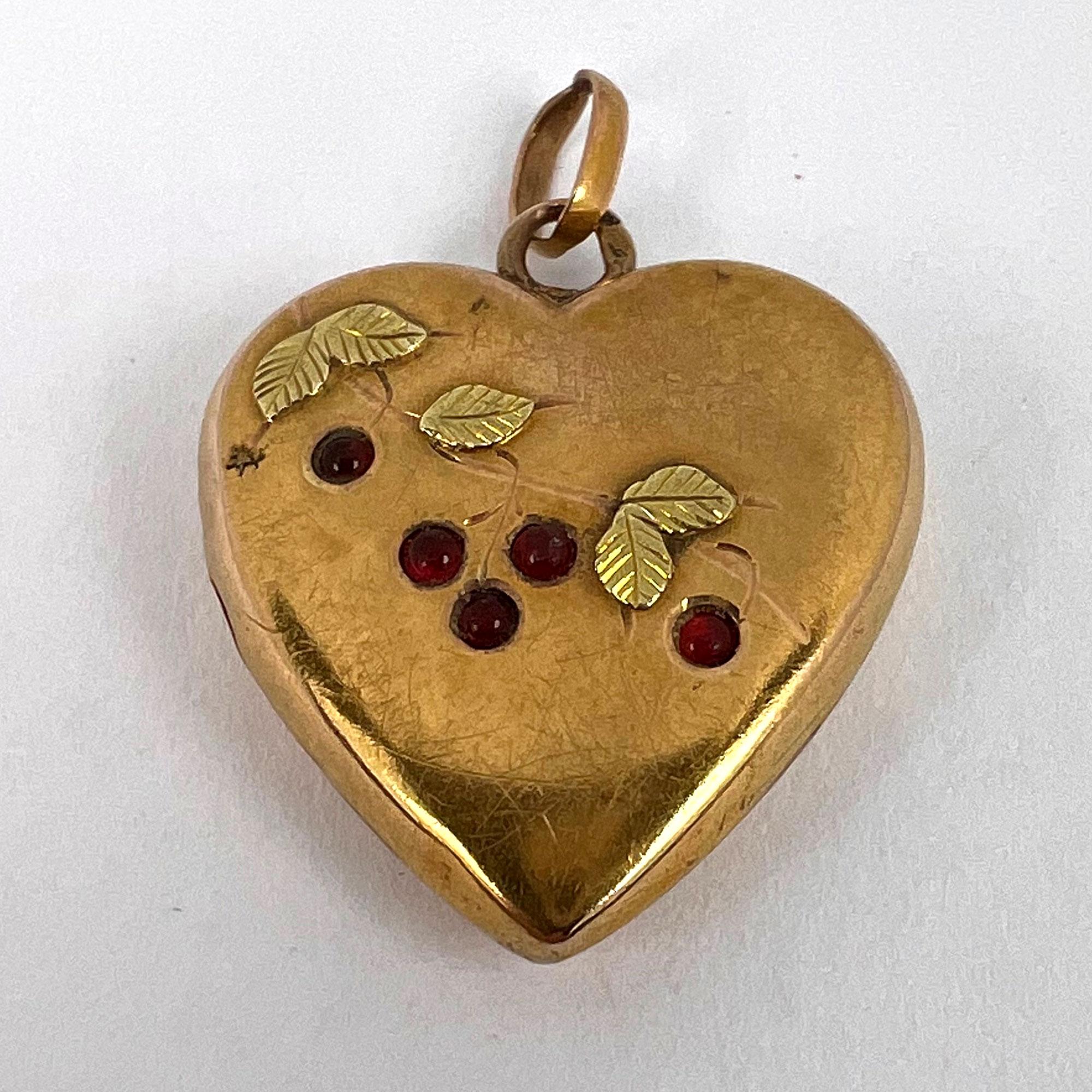 French 18k Yellow Gold Love Heart Cherries Charm Pendant 8