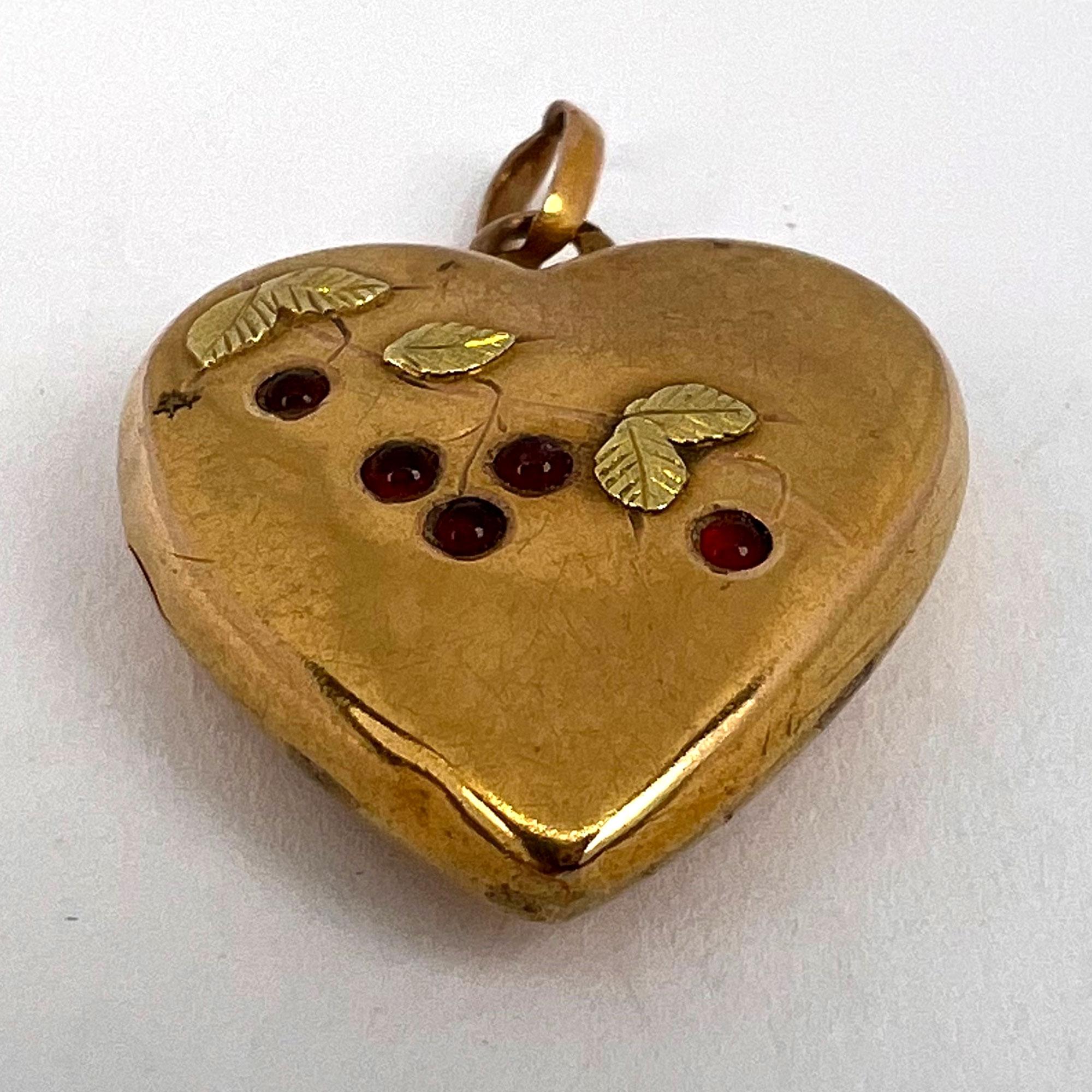 French 18k Yellow Gold Love Heart Cherries Charm Pendant 9