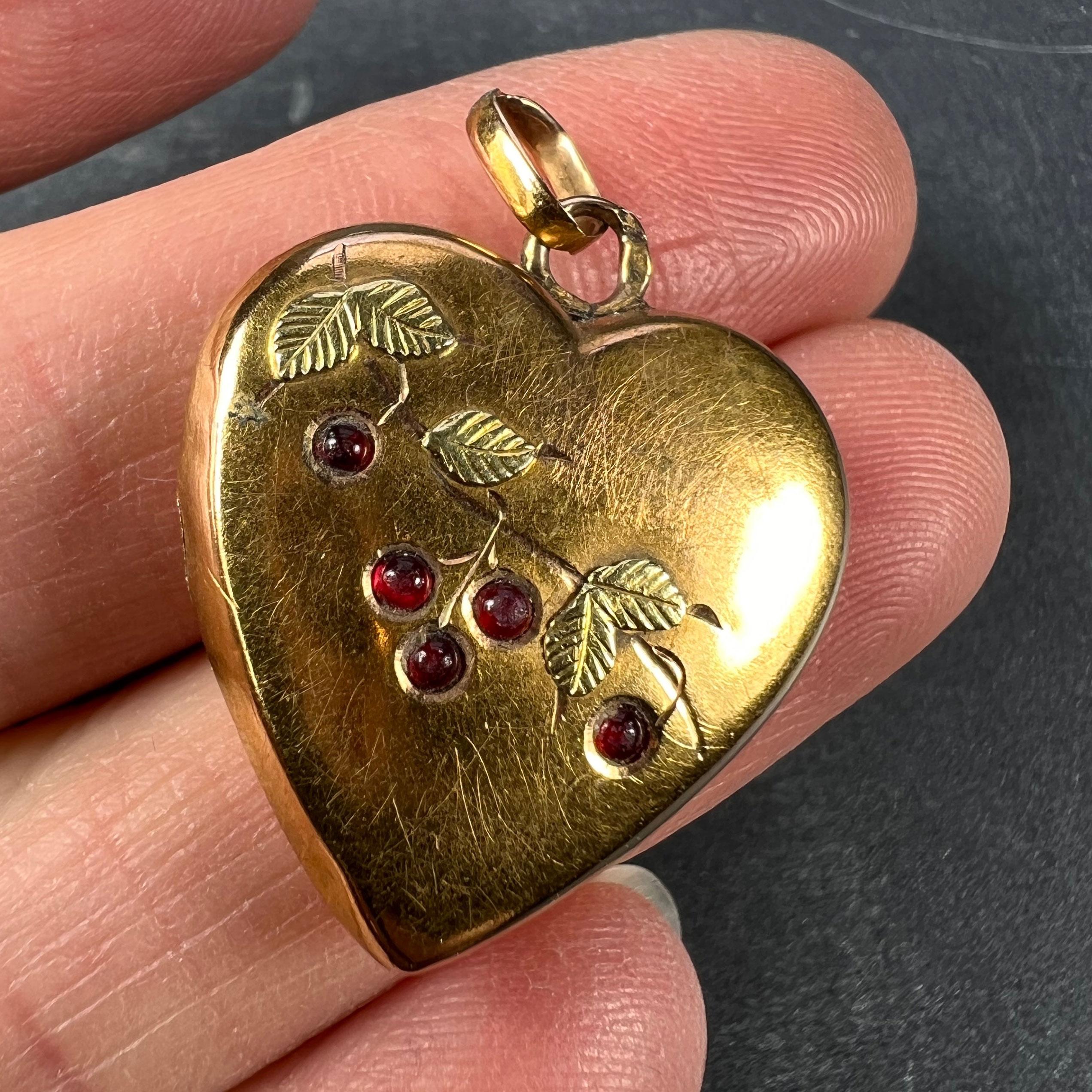 French 18k Yellow Gold Love Heart Cherries Charm Pendant 1
