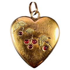 French 18k Yellow Gold Love Heart Cherries Charm Pendant