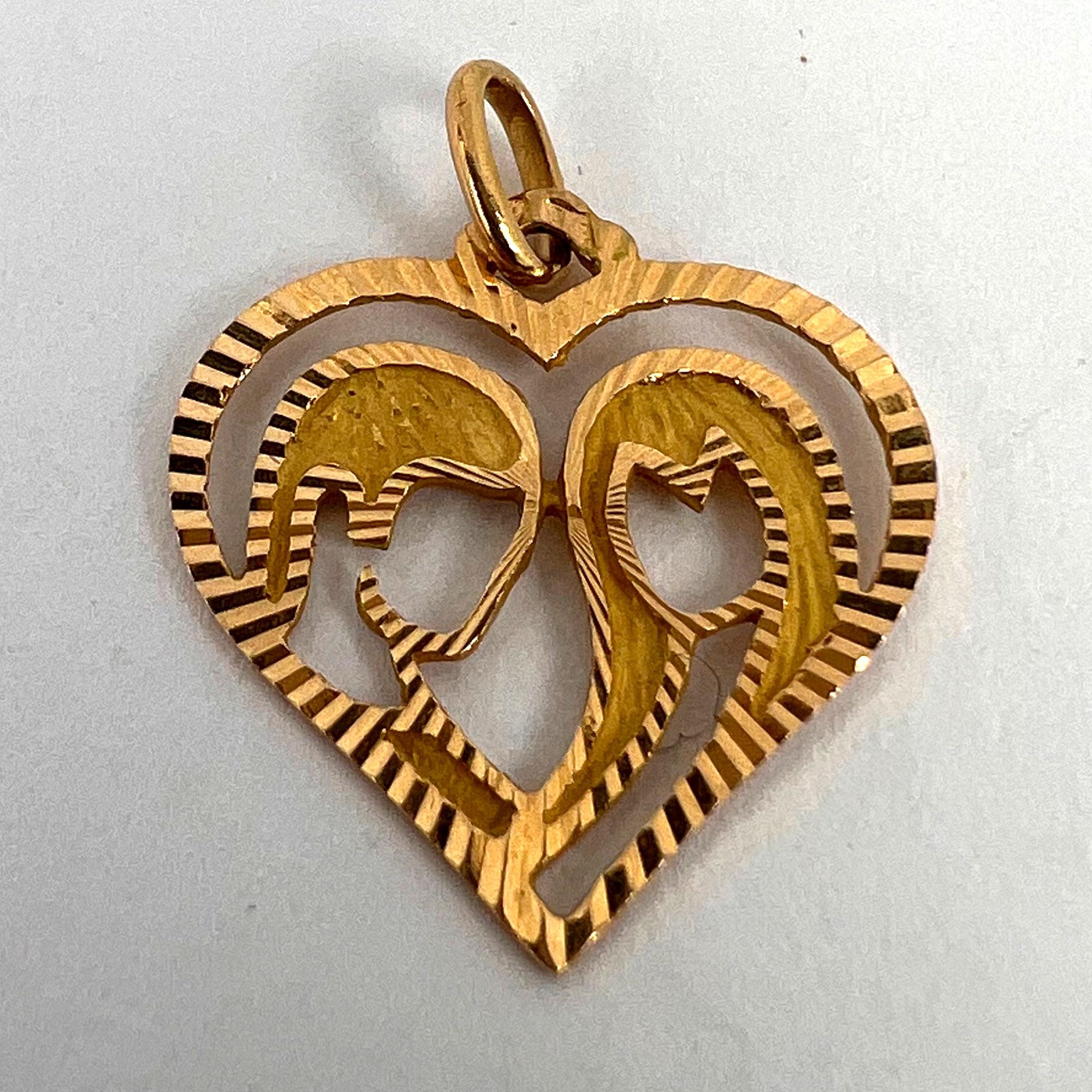 French 18k Yellow Gold Lovers Love Heart Charm Pendant For Sale 4
