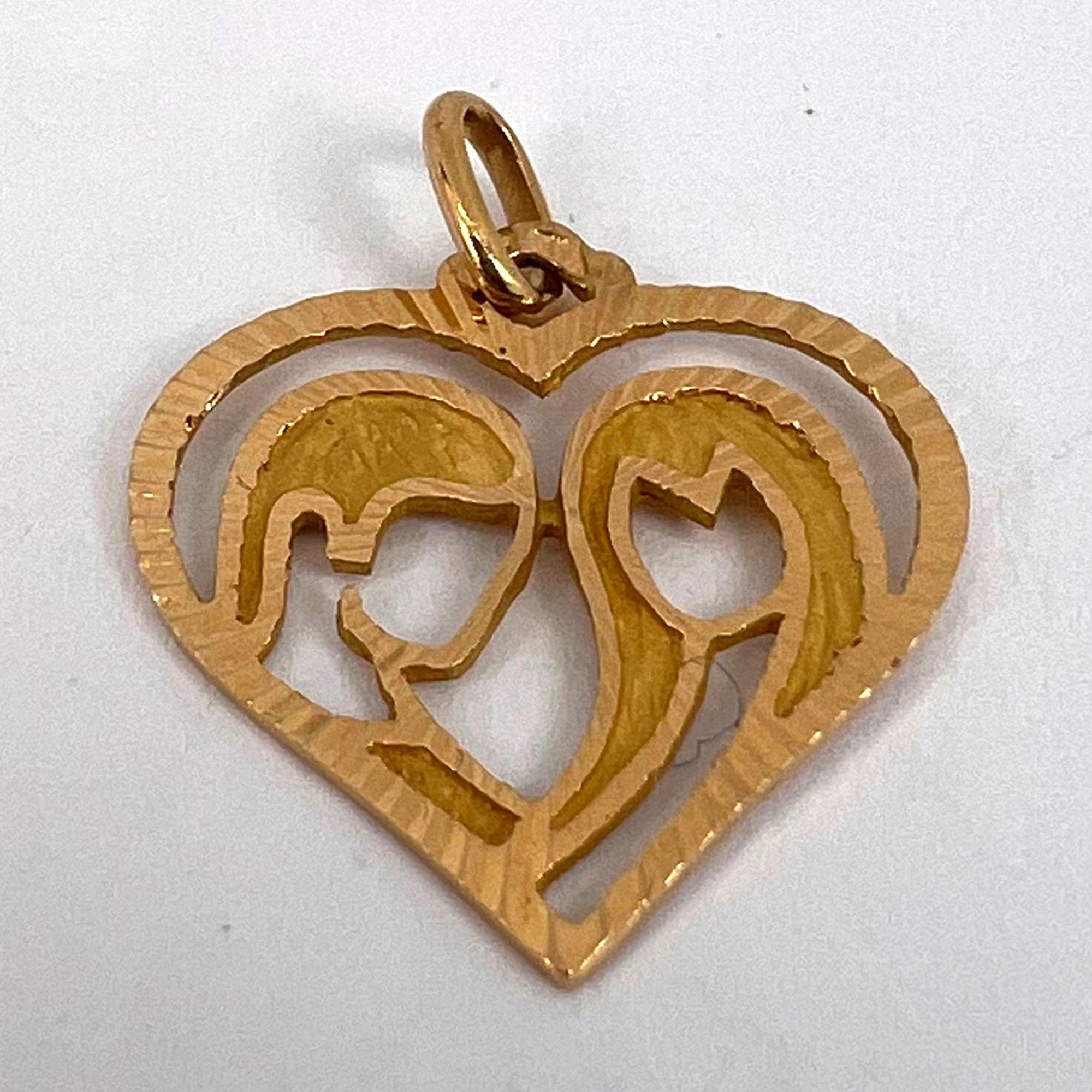 French 18k Yellow Gold Lovers Love Heart Charm Pendant For Sale 5