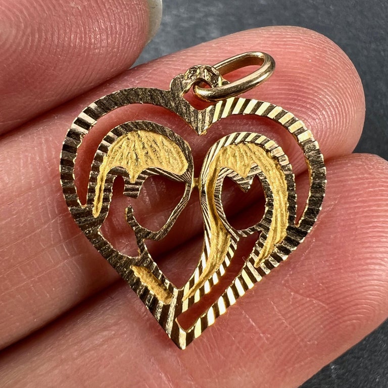 French 18k Yellow Gold Lovers Love Heart Charm Pendant For Sale at