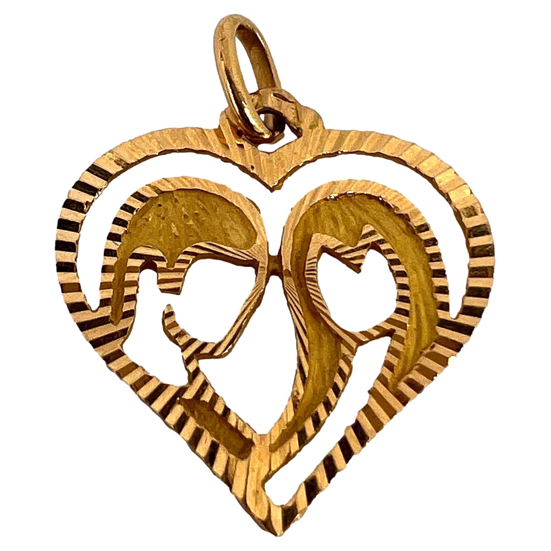 French 18k Yellow Gold Lovers Love Heart Charm Pendant For Sale