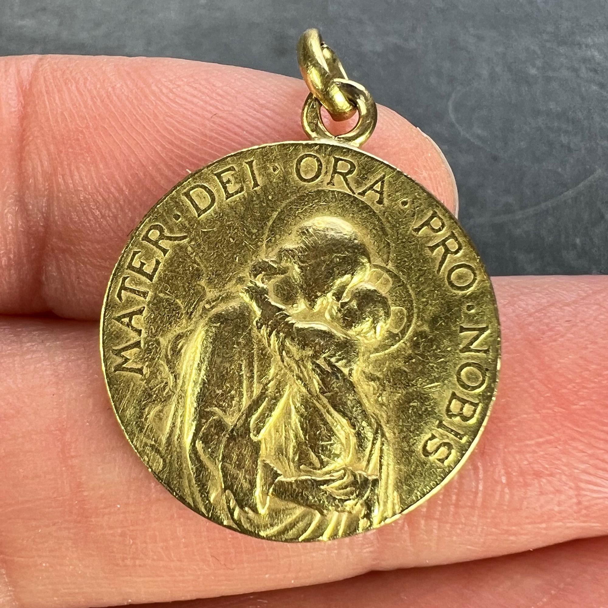 Women's or Men's French 18K Yellow Gold Madonna and Child Medal Pendant For Sale