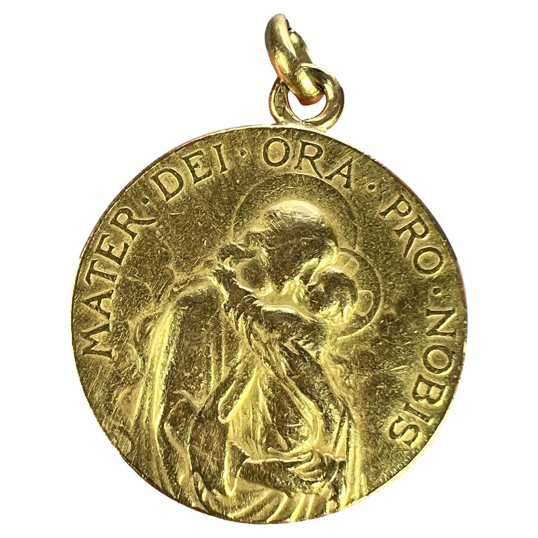 French 18K Yellow Gold Madonna and Child Medal Pendant