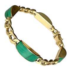 French 18k Yellow Gold & Malachite Curb Link Bracelet Circa 1970s Rare