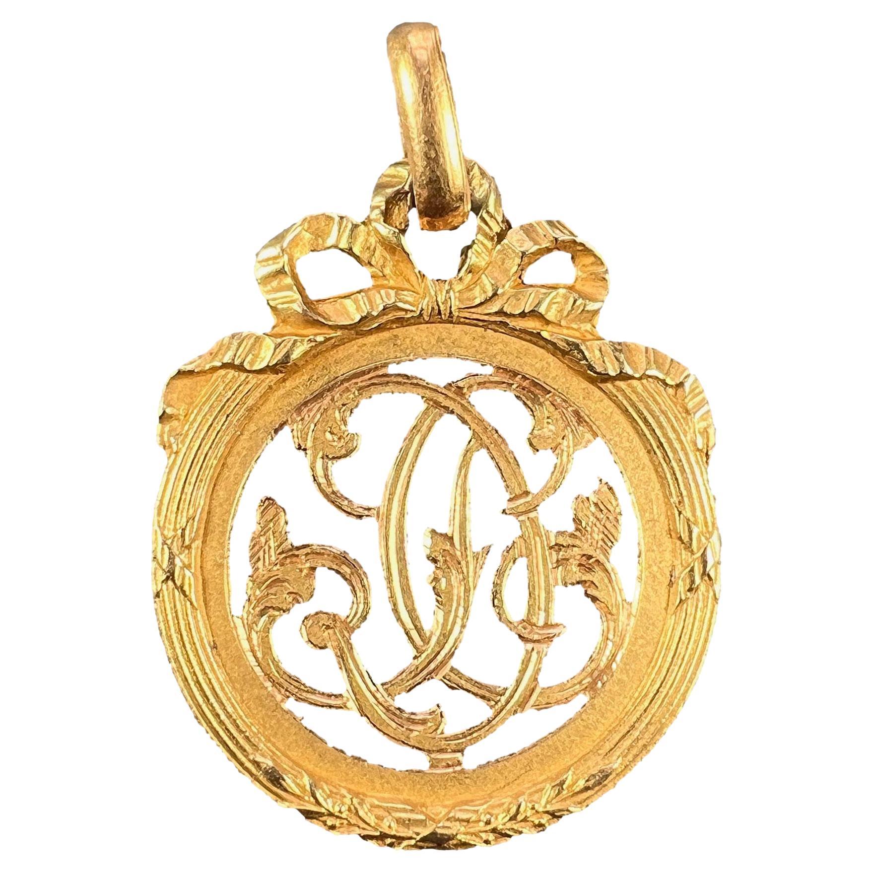 French 18K Yellow Gold Monogram Charm Pendant For Sale