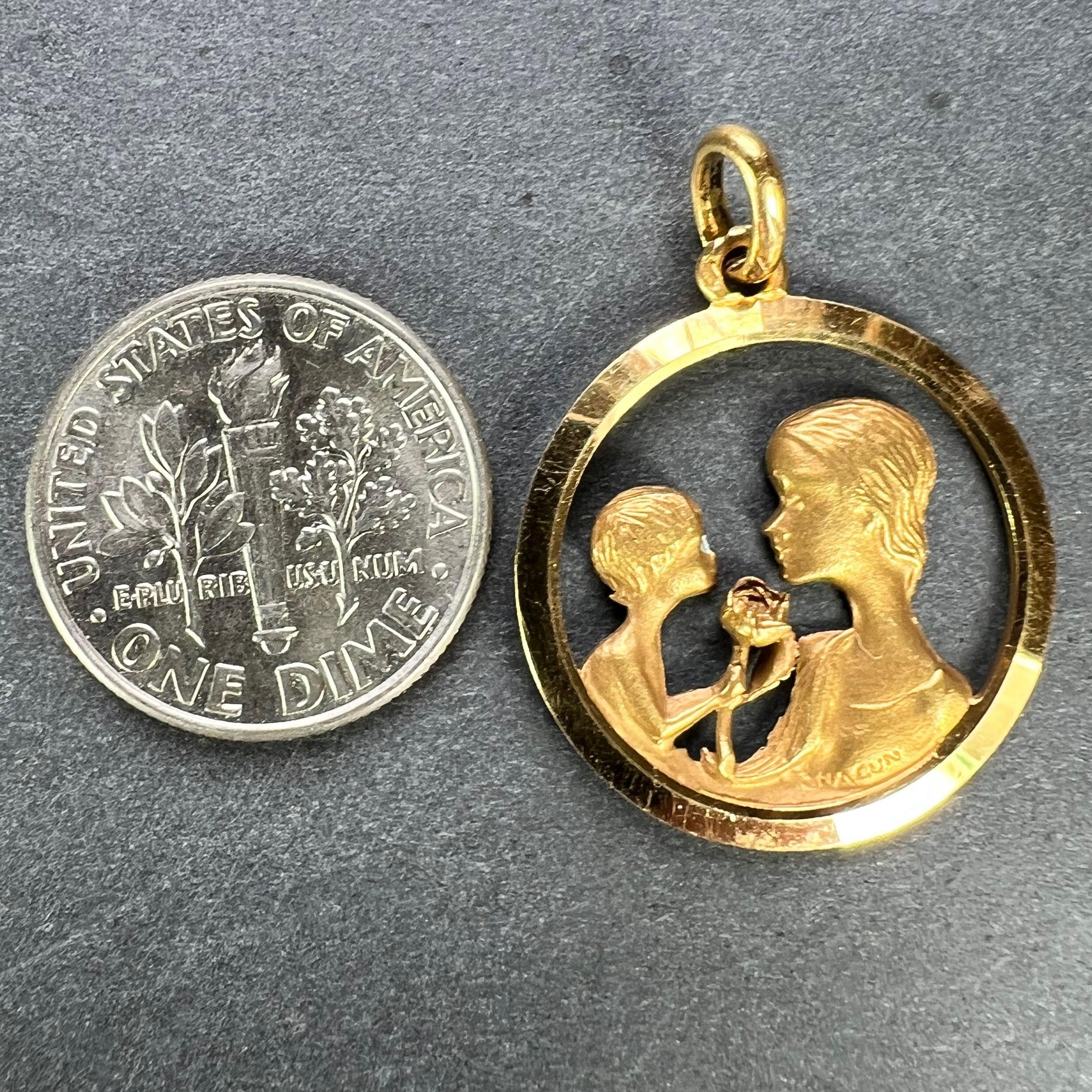 French 18K Yellow Gold Mother and Child Rose Medal Pendant For Sale 6
