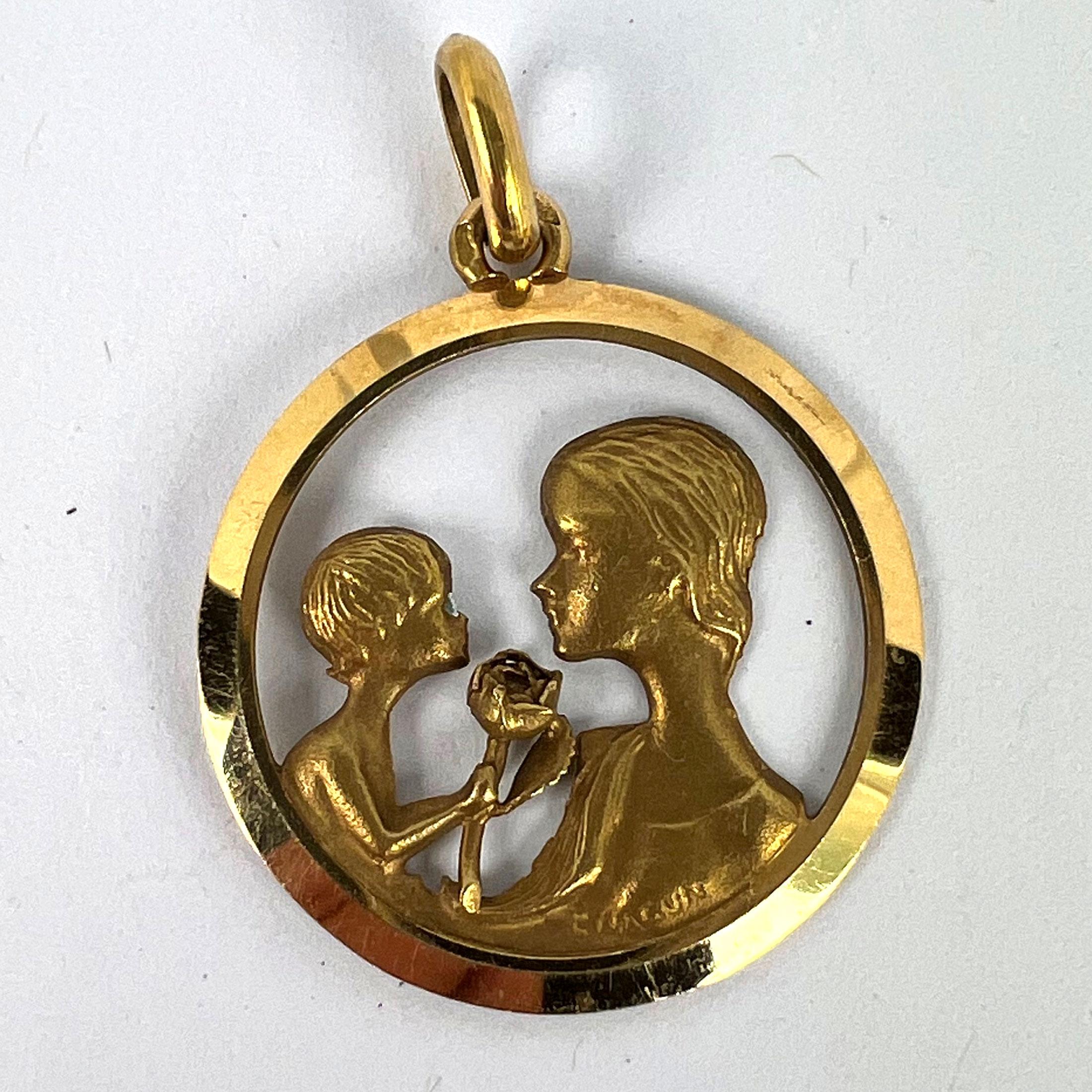 French 18K Yellow Gold Mother and Child Rose Medal Pendant For Sale 7