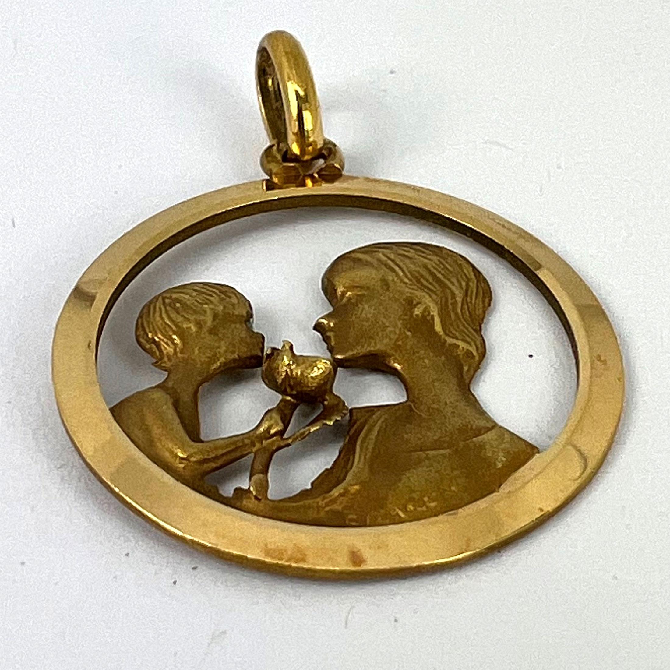 French 18K Yellow Gold Mother and Child Rose Medal Pendant For Sale 9