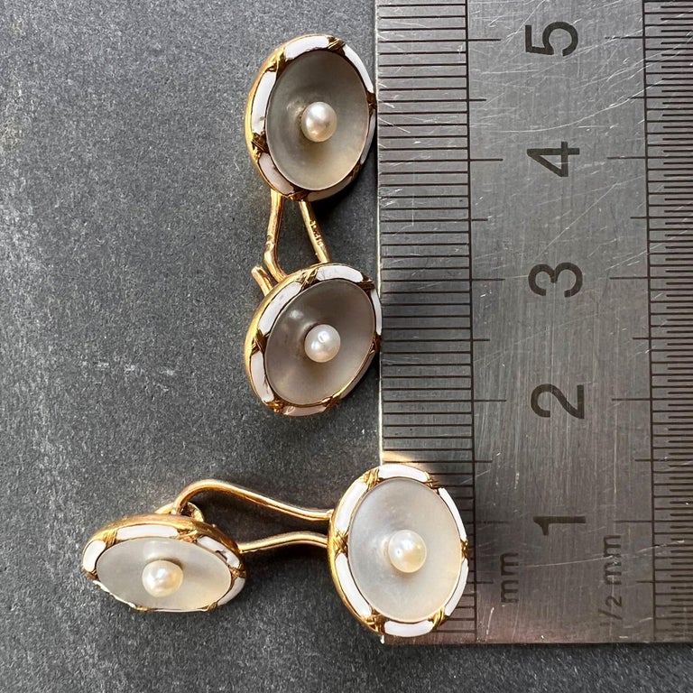 French 18k Yellow Gold Pearl, Mother of Pearl and Enamel Cufflinks For Sale 4