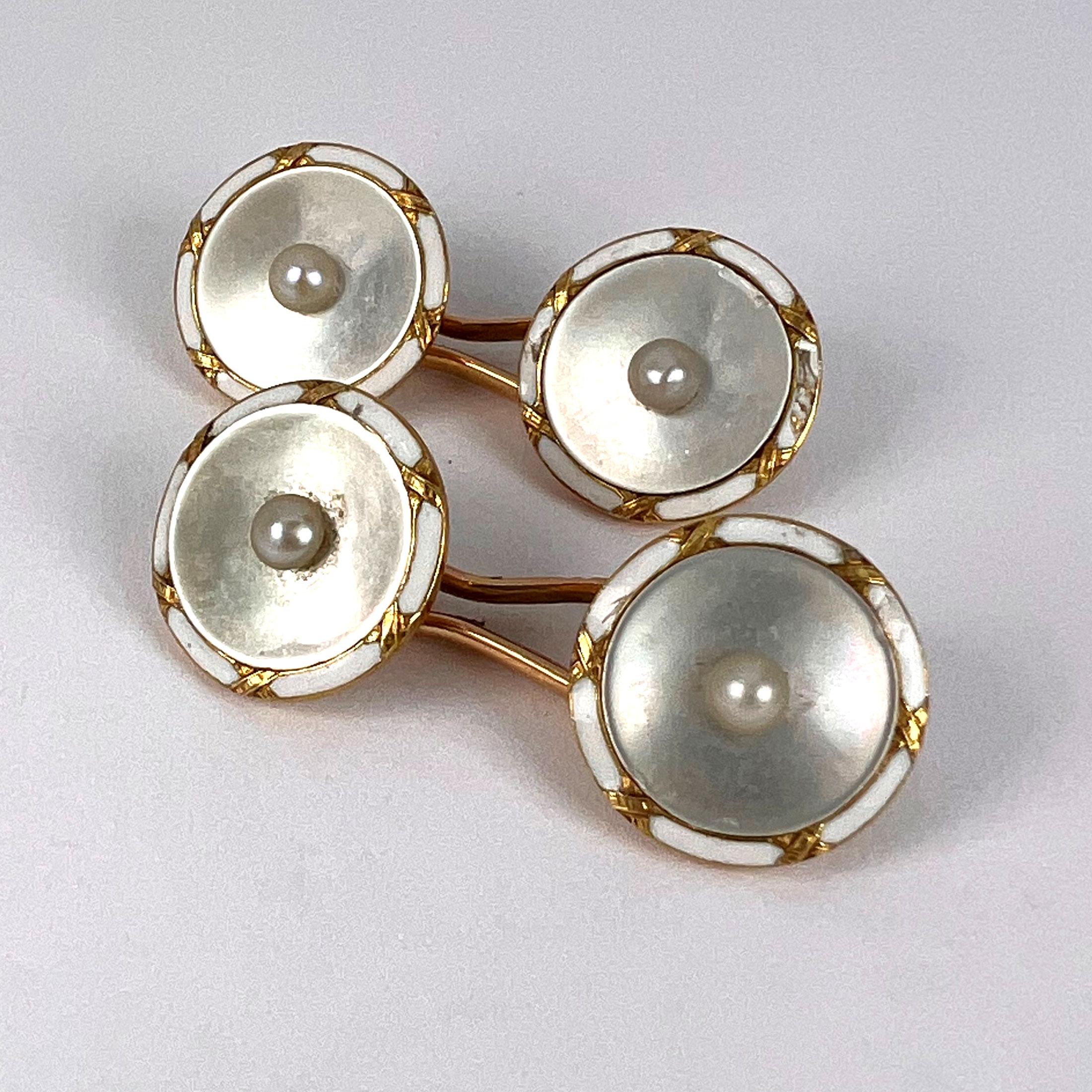 French 18k Yellow Gold Pearl, Mother of Pearl and Enamel Cufflinks 5