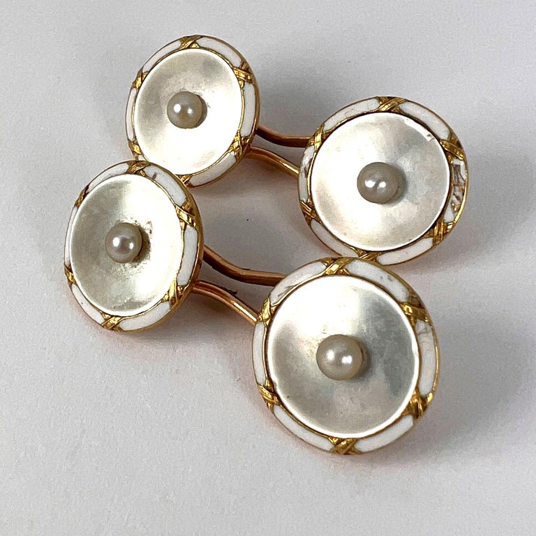 French 18k Yellow Gold Pearl, Mother of Pearl and Enamel Cufflinks For Sale 6