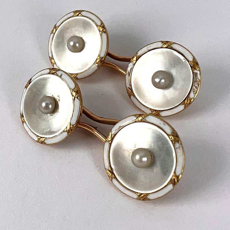 French 18k Yellow Gold Pearl, Mother of Pearl and Enamel Cufflinks For Sale 7