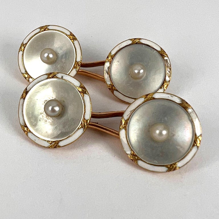 French 18k Yellow Gold Pearl, Mother of Pearl and Enamel Cufflinks For Sale 8
