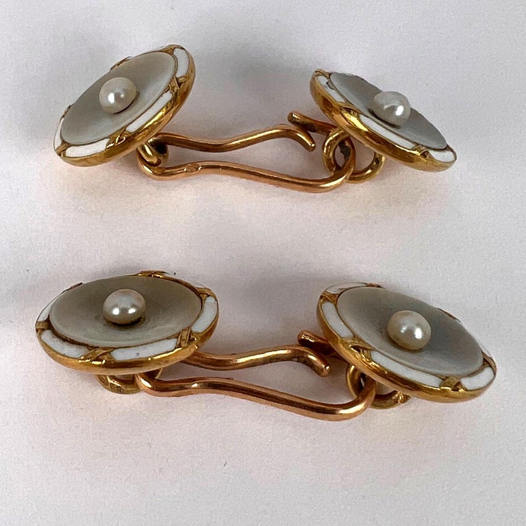 French 18k Yellow Gold Pearl, Mother of Pearl and Enamel Cufflinks For Sale 9