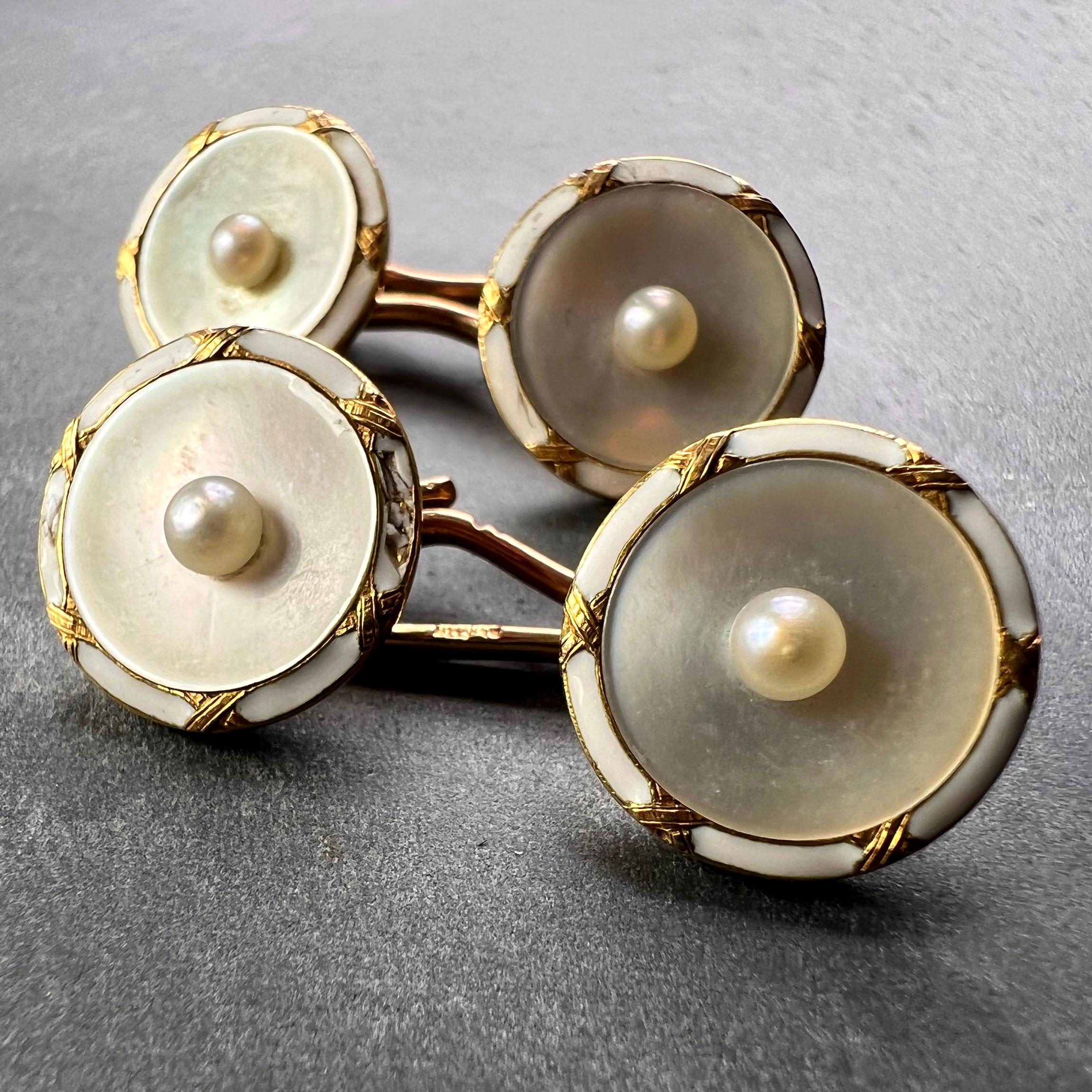 Edwardian French 18k Yellow Gold Pearl, Mother of Pearl and Enamel Cufflinks
