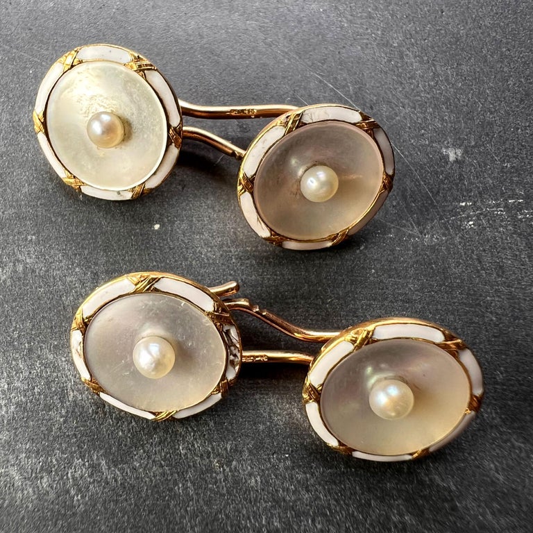 Uncut French 18k Yellow Gold Pearl, Mother of Pearl and Enamel Cufflinks For Sale