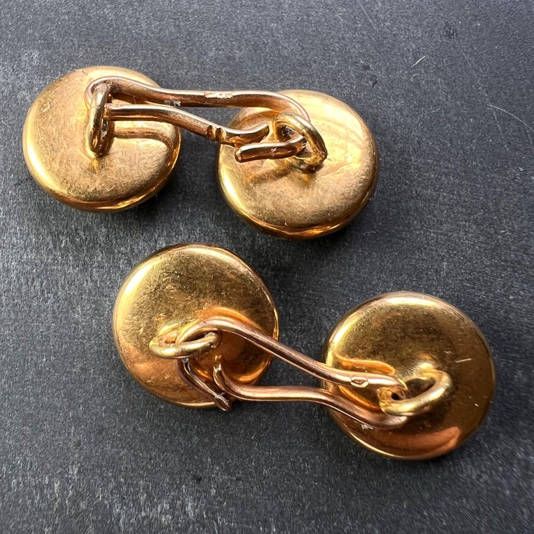 French 18k Yellow Gold Pearl, Mother of Pearl and Enamel Cufflinks In Good Condition For Sale In London, GB