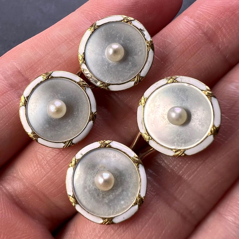 Men's French 18k Yellow Gold Pearl, Mother of Pearl and Enamel Cufflinks For Sale
