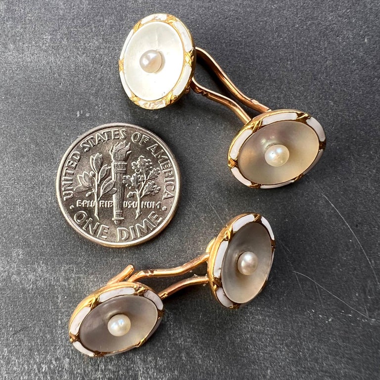 French 18k Yellow Gold Pearl, Mother of Pearl and Enamel Cufflinks For Sale 3