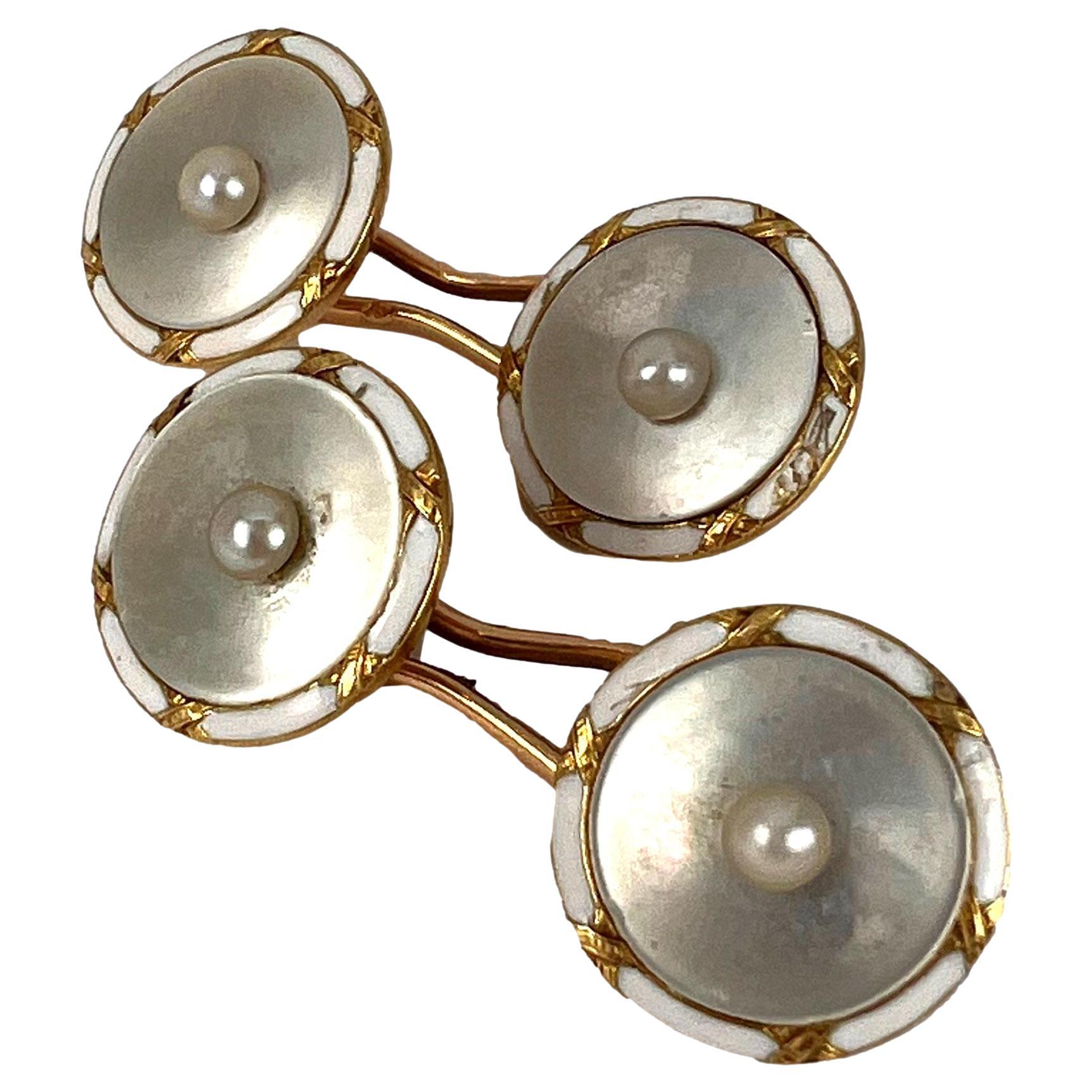 French 18k Yellow Gold Pearl, Mother of Pearl and Enamel Cufflinks