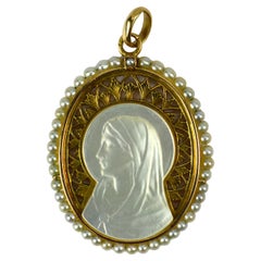French 18K Yellow Gold Pearl Mother-of-Pearl Virgin Mary Charm Pendant