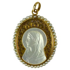 Antique French 18K Yellow Gold Pearl Mother-of-Pearl Virgin Mary Charm Pendant